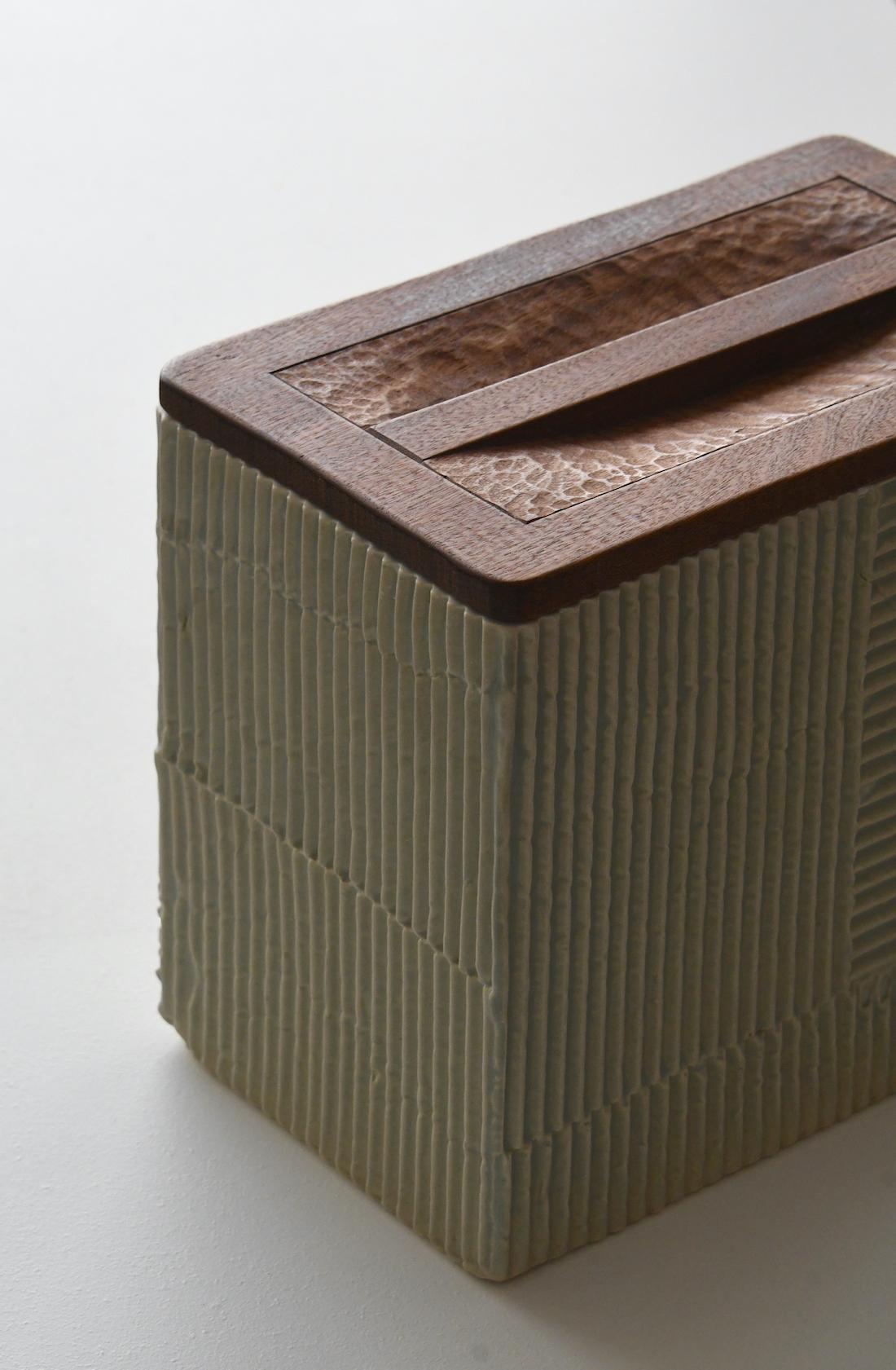 Le quatrième d'une série en cours de grands vaisseaux dans des œuvres de texture ondulée. La plupart de ces travaux intègrent un second matériau dans la fabrication d'un couvercle ou d'une partie supérieure. Cette œuvre présente un couvercle en