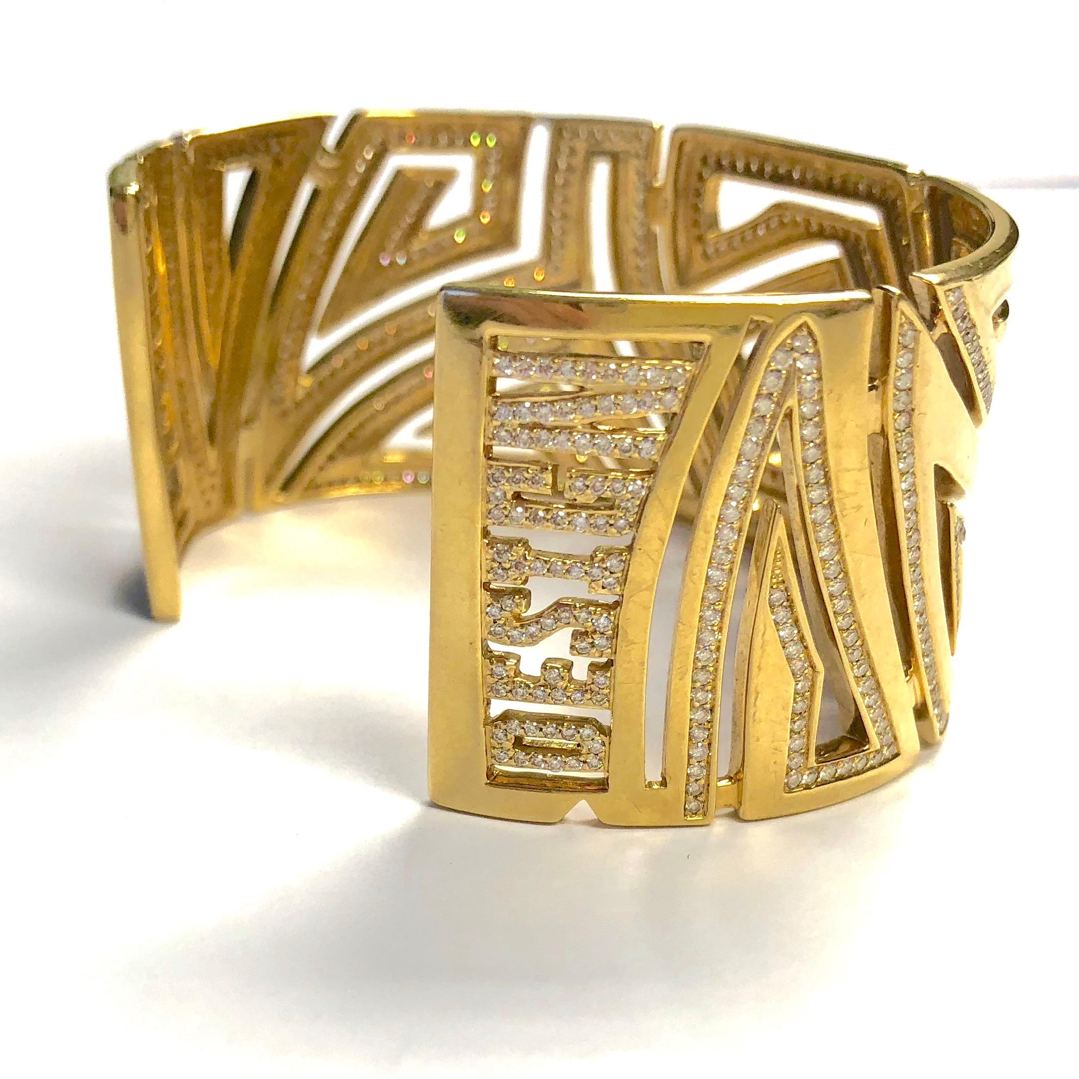 Corrupt Design Large Diamond Gold Cuff Bracelet In Excellent Condition For Sale In Agoura Hills, CA