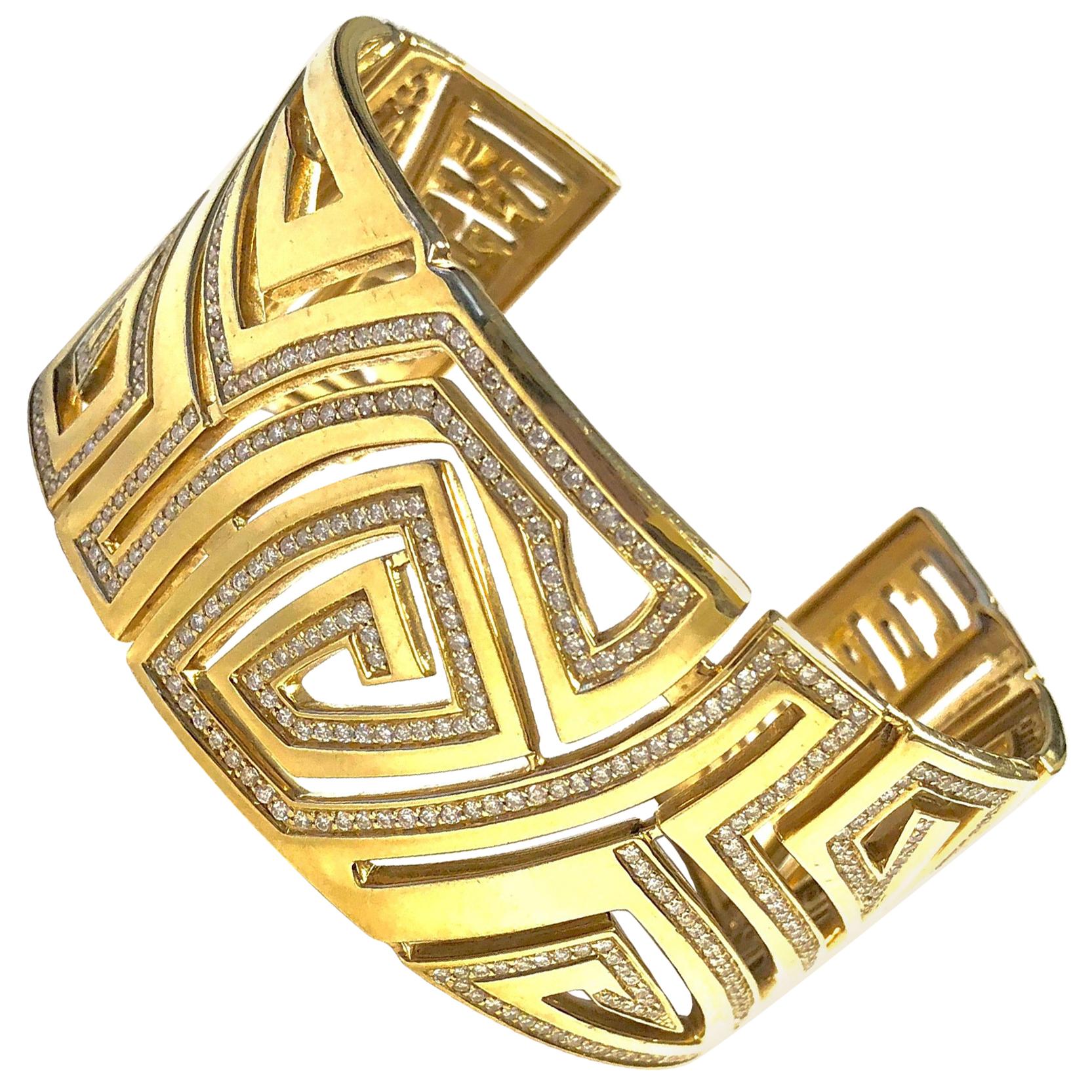 Corrupt Design Large Diamond Gold Cuff Bracelet For Sale