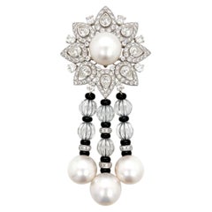 CORSAGE BROOCH 18K Weißgold 13,00 Cwt Diamant & 4 Südseeperlen Quaste