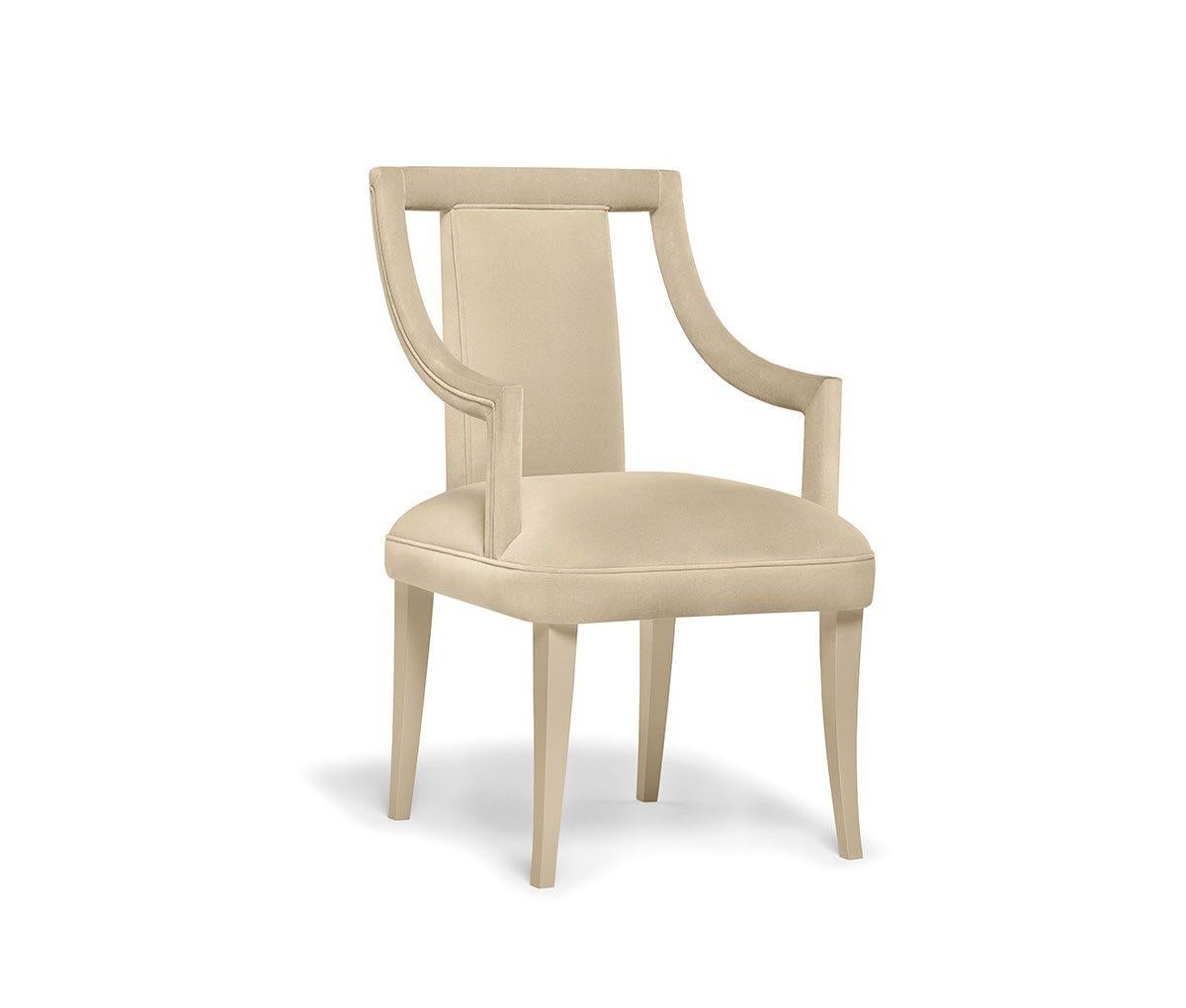 Corset Chair by Munna
Dimensions: D 60 x W 57 x H 93 cm. SH: 53 cm.
Materials: Wood, foam, and upholstery.
Finish: Cotton Velvet, ref. Desert, CV03, and lacquered legs in Desert in gloss.

Available in all Munna fabrics except Wild Silk. Available
