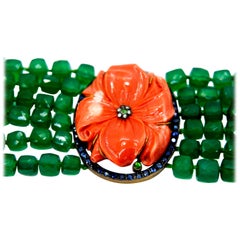 Corsica Coral Retro Style Green Agate Bracelet with Sapphires, Tsavorites