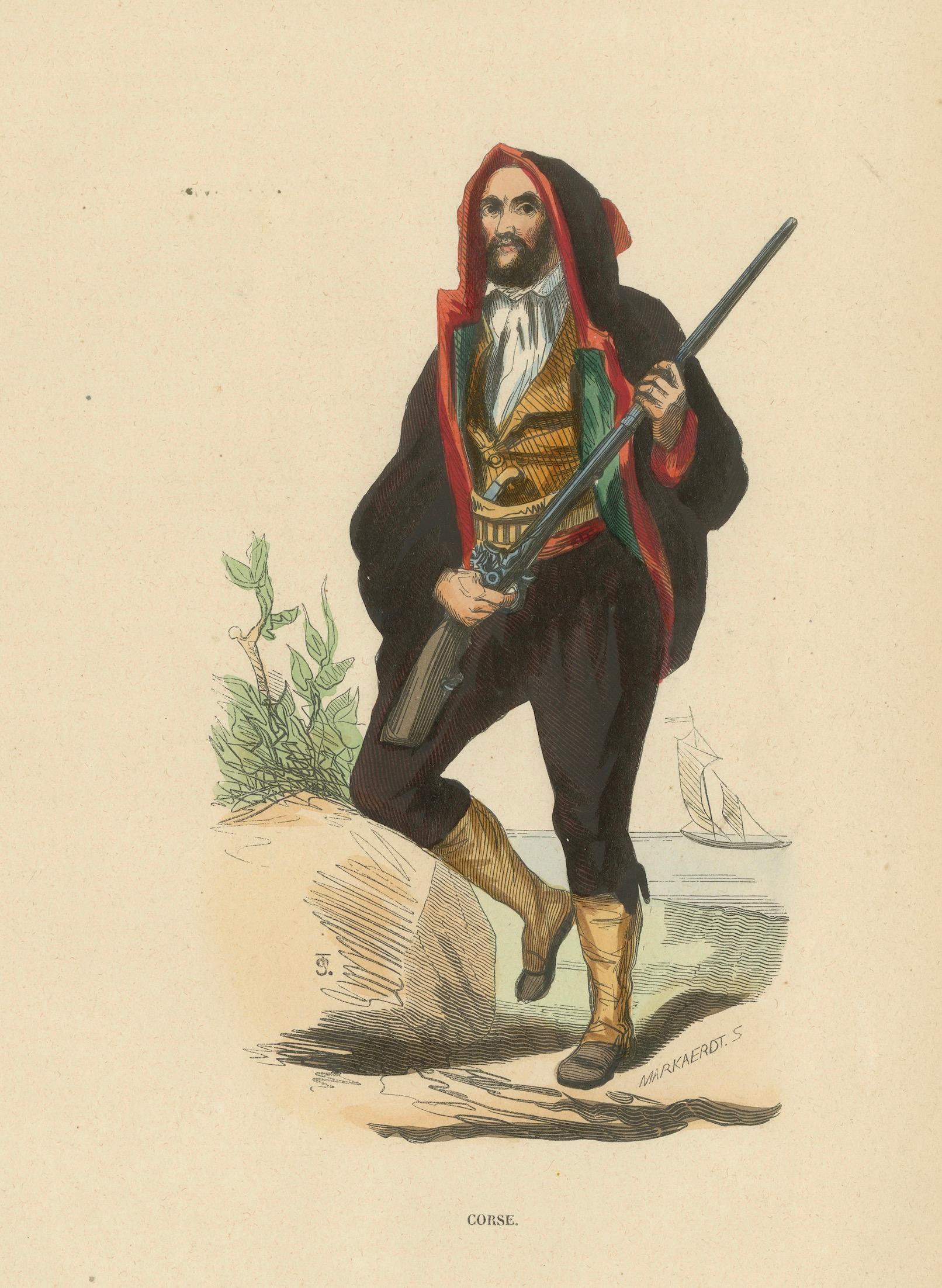 Corsican Man with Firearm – Hand-Coloured Lithograph by Markaert, c.1845