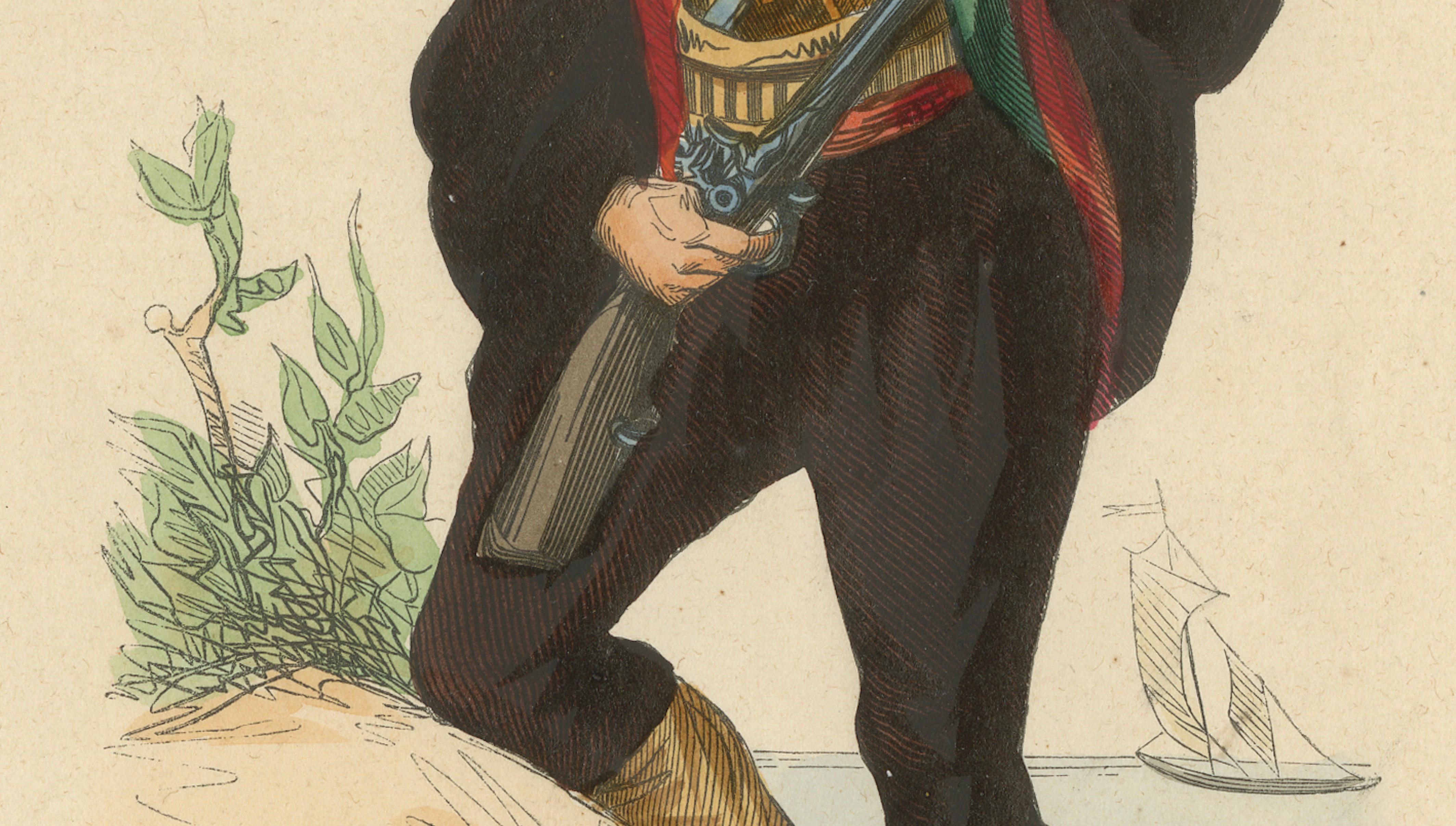 Corsican Man with Firearm – Hand-Coloured Lithograph by Markaert, c.1845