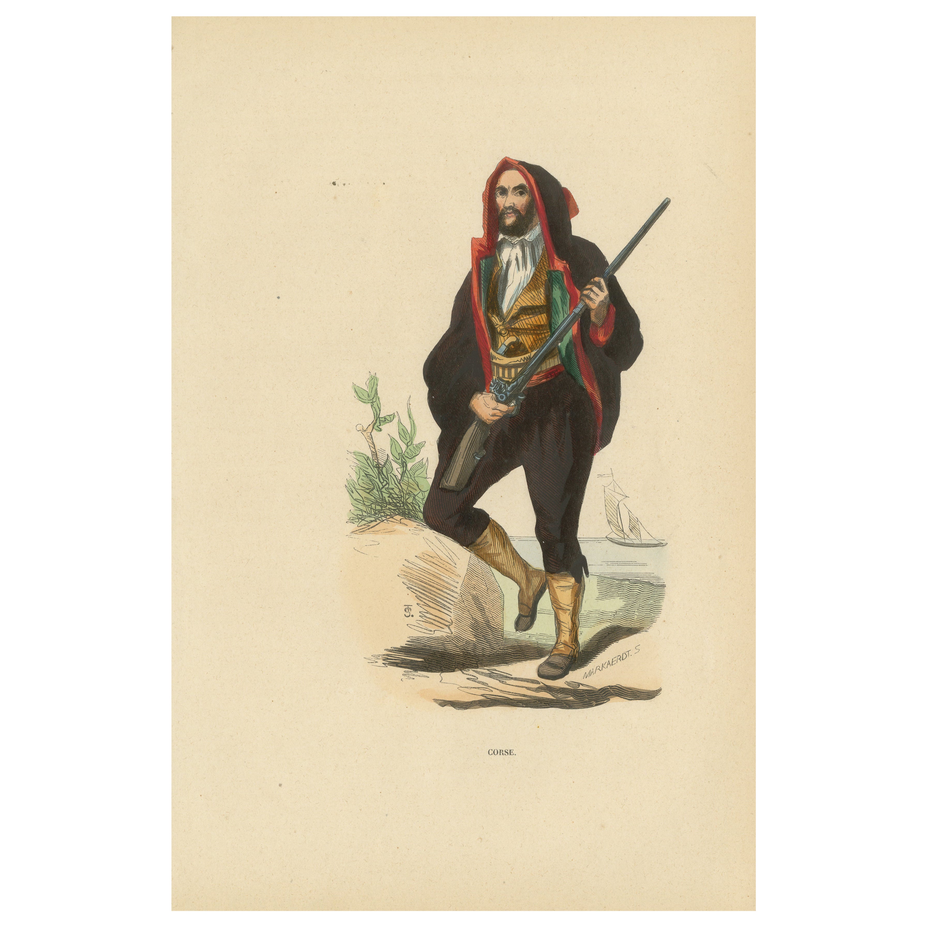 Corsican Man with Firearm – Hand-Coloured Lithograph by Markaert, c.1845