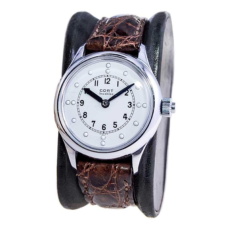 Reloj para invidentes con caja de cromo Cort y esfera de esmalte impecable Art Decó