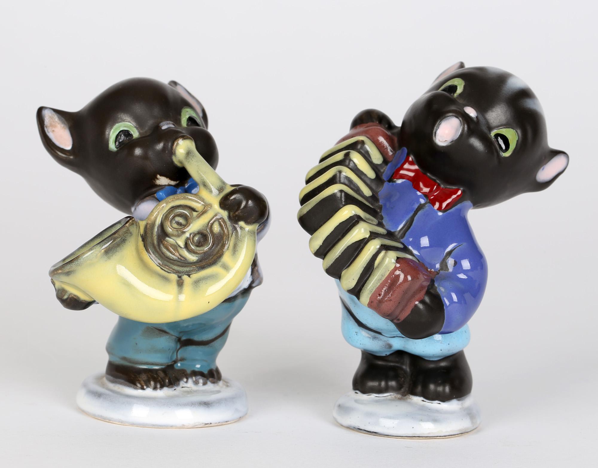 20th Century Cortendorf Bavarian Pair Mid-Century Novelty Pottery Cat Musician Figures