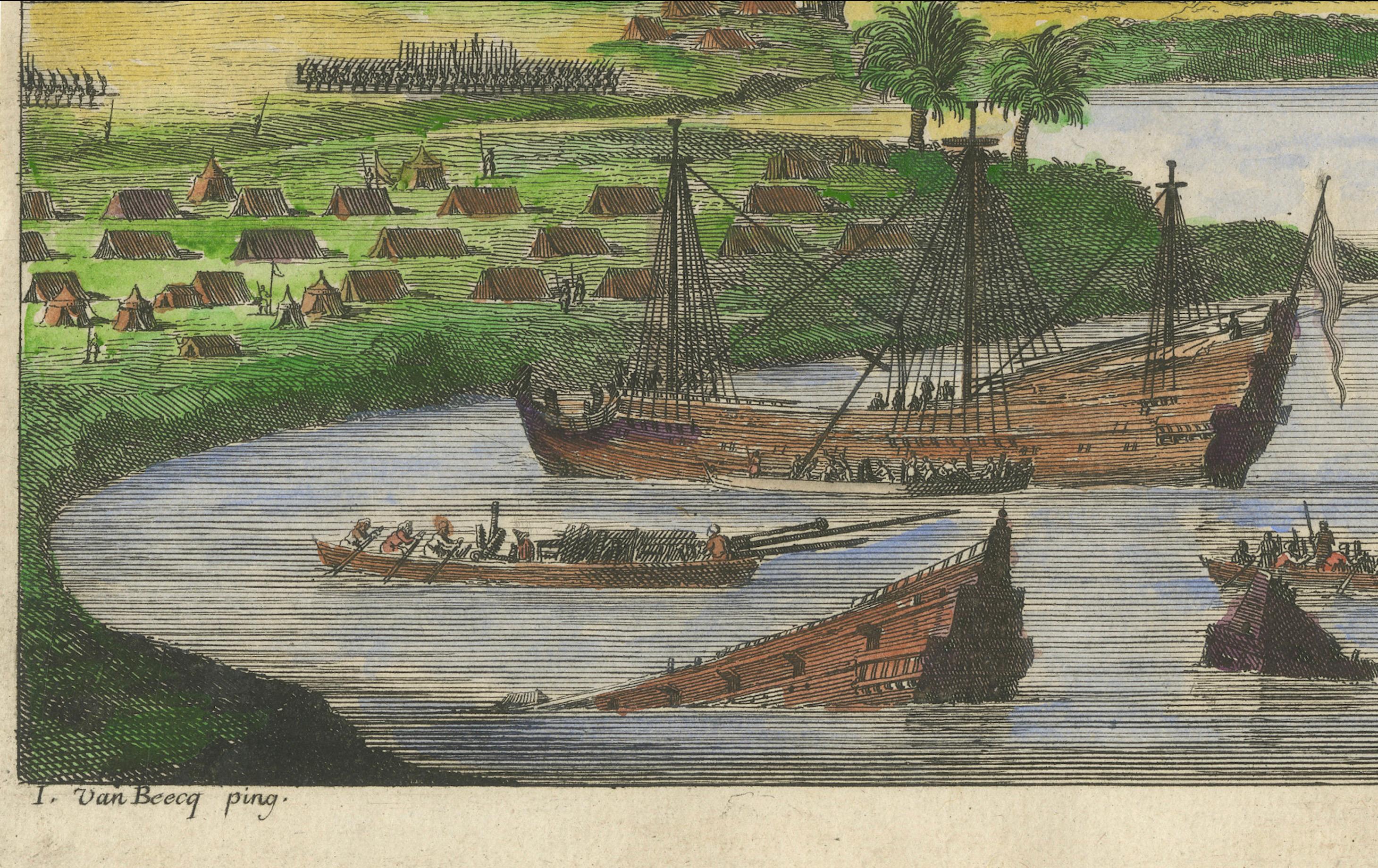 Cort�és versenkt seine Schiffe in Veracruz - Handkolorierter Kupferstich von Van Beecq, um 1690

Ein außergewöhnlicher handkolorierter Kupferstich aus dem späten 17. Jahrhundert, der die Versenkung der Flotte von Hernán Cortés in Veracruz darstellt,