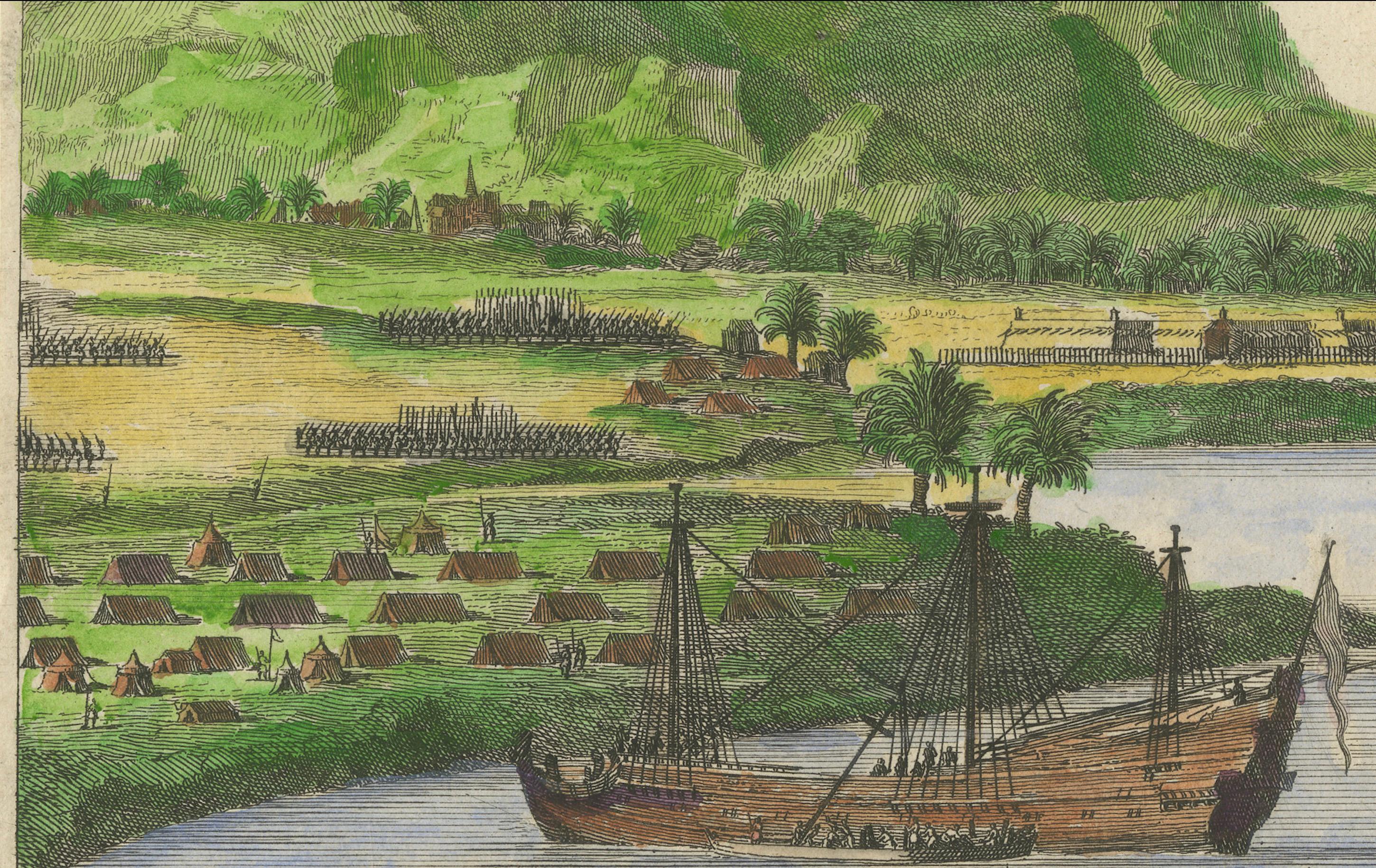 Cortés versenkt Schiffe in Veracruz - Handkolorierter Kupferstich von Van Beecq, um 1690 (Französisch) im Angebot