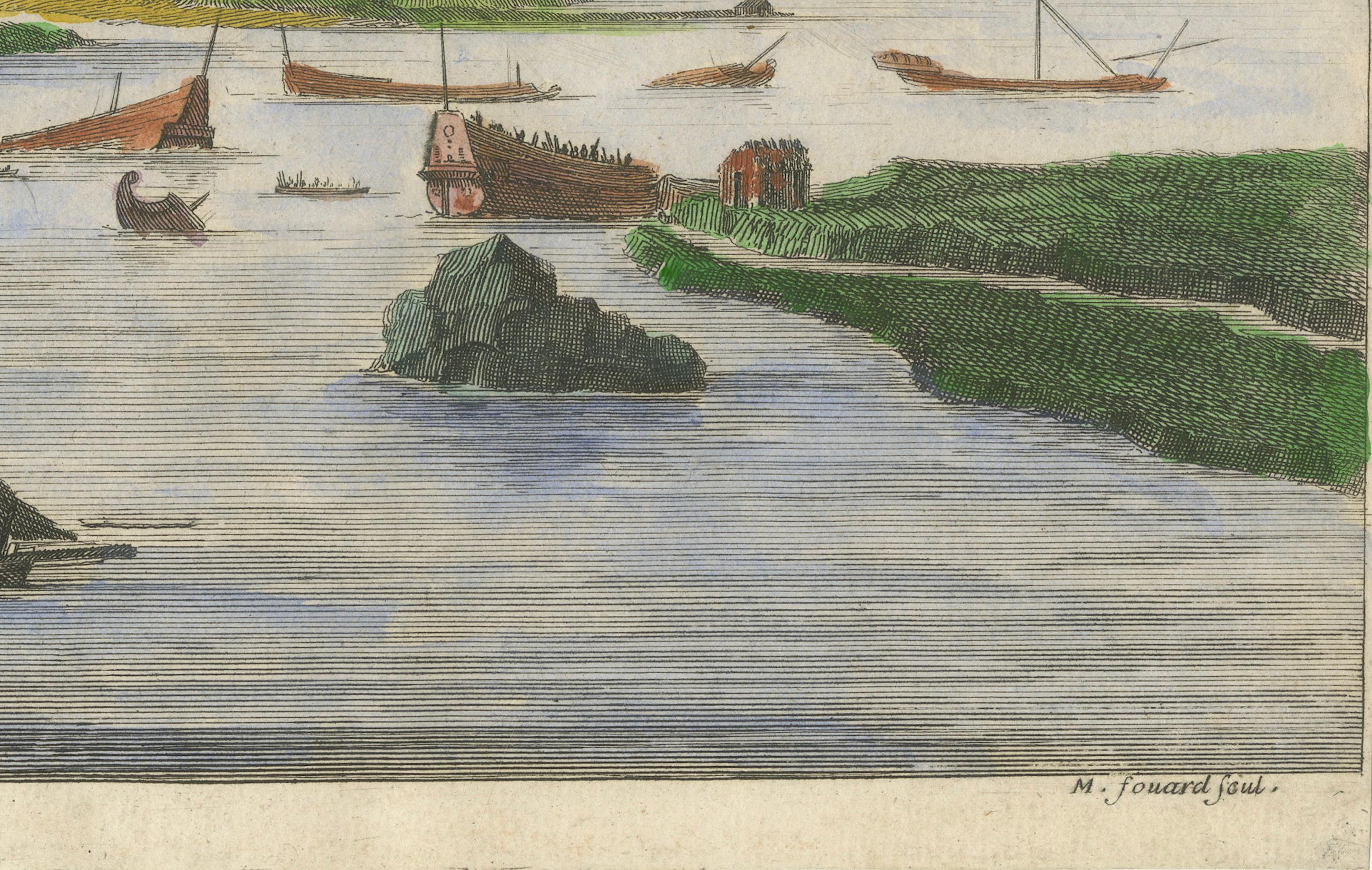 Cortés versenkt Schiffe in Veracruz - Handkolorierter Kupferstich von Van Beecq, um 1690 (Spätes 17. Jahrhundert) im Angebot