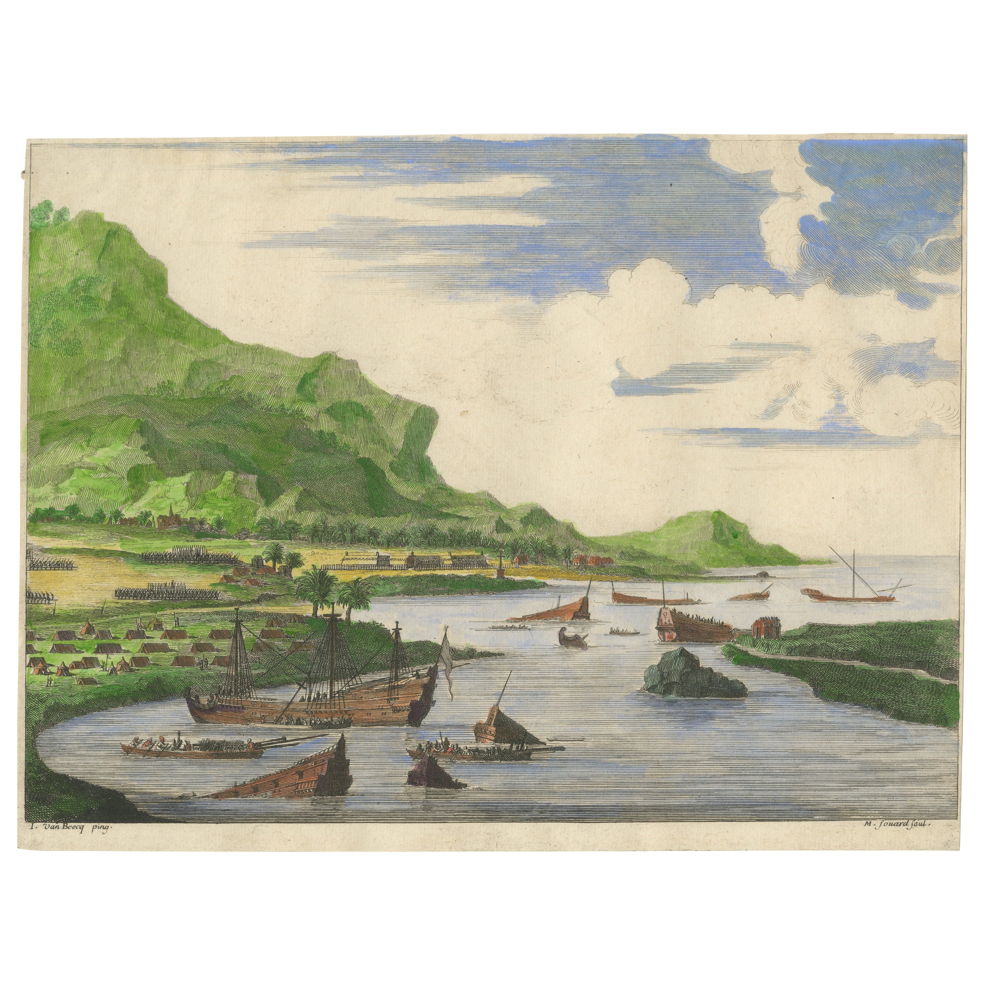 Cortés Scuttling Ships at Veracruz – Hand-Colored Engraving by Van Beecq, c.1690