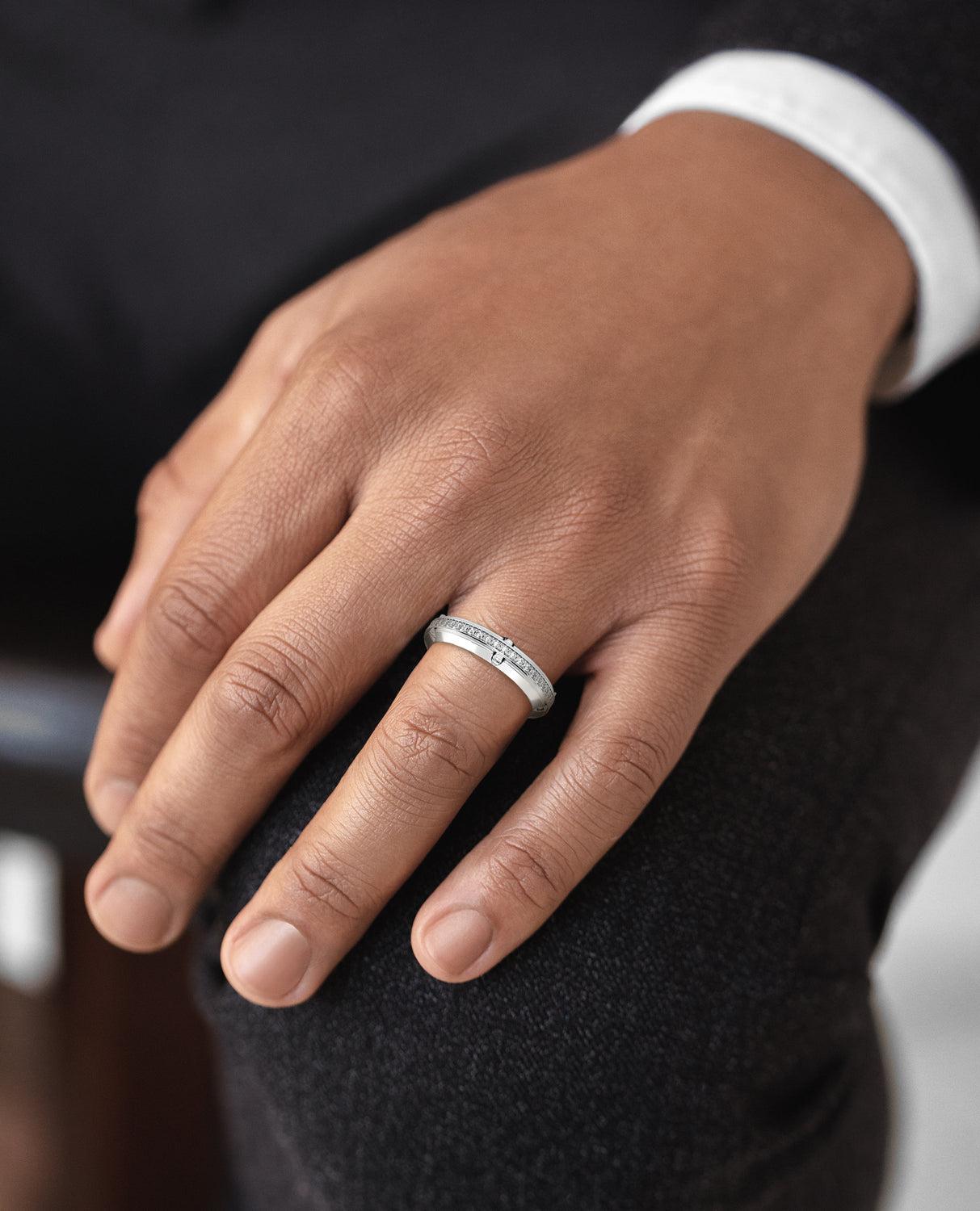 The CORTEZ ring is available in plain and a combination of 0.70ct sparkling brilliant cut white diamonds in a pave setting adjacent to shimmering Platinum. The versatility of the CORTEZ Platinum ring makes it a perfect match for any character that
