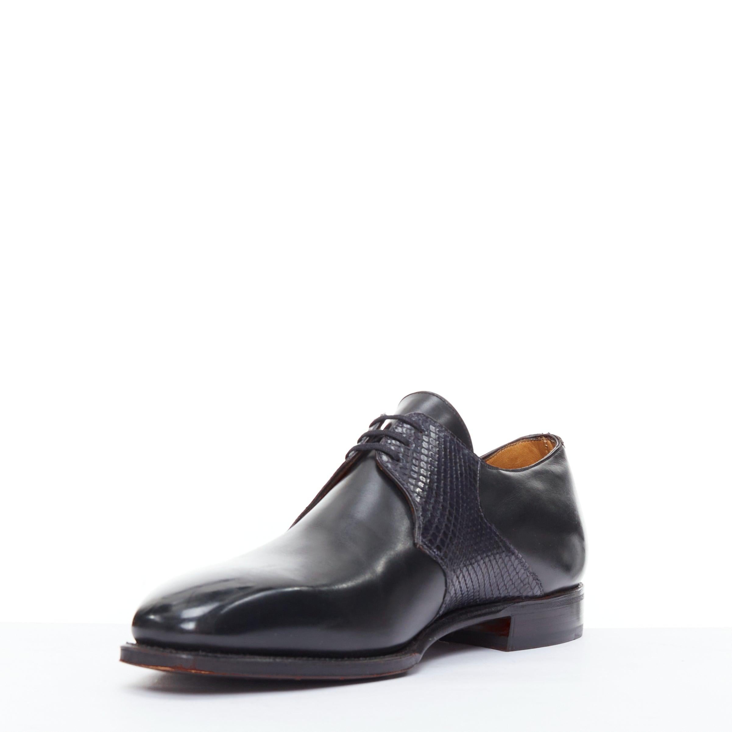 CORTHAY Sade black scaled leather trim smooth derby loafers UK8.5 EU41.5 In Good Condition For Sale In Hong Kong, NT