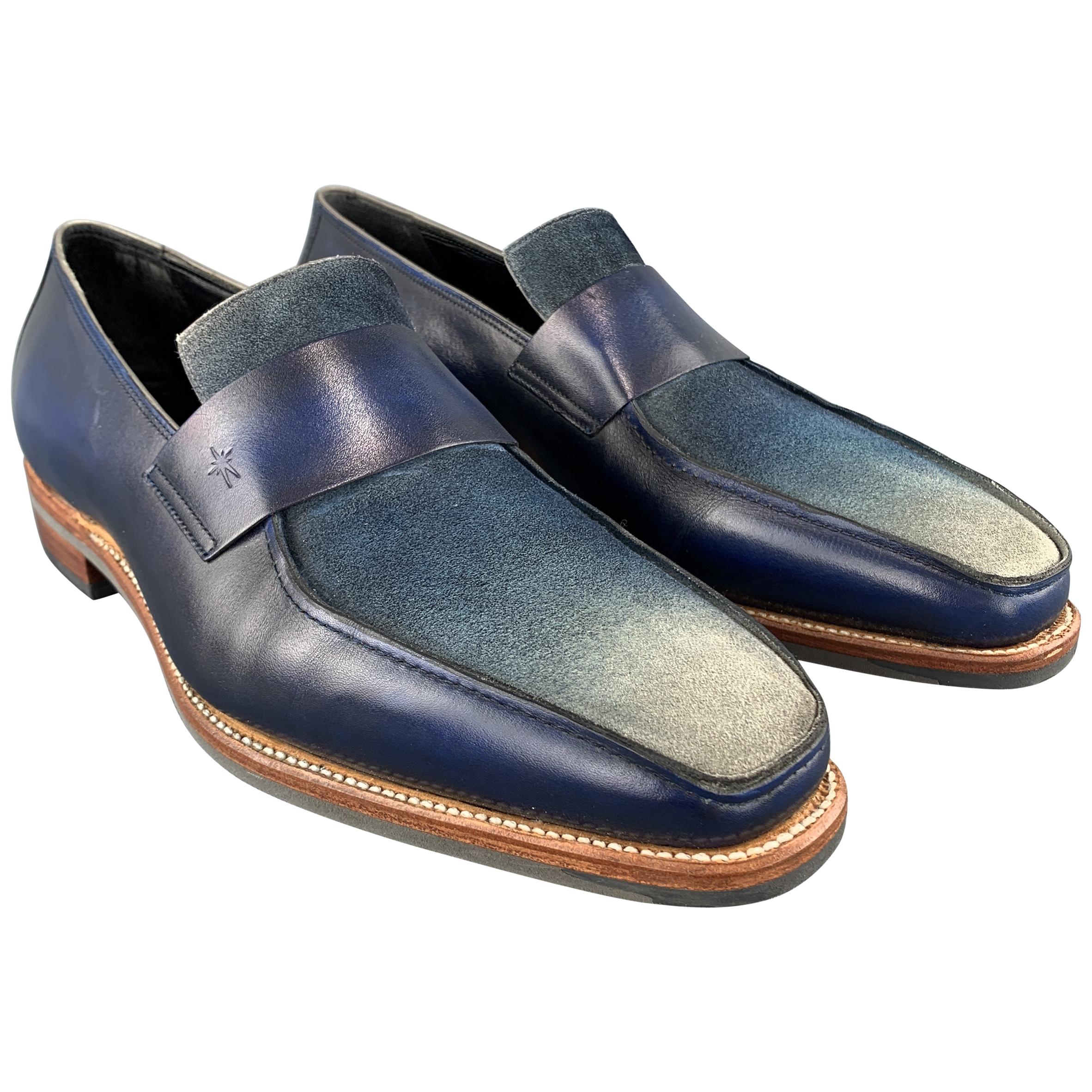 CORTHAY loafers come in blue leather with an ombre suede panel. Made in France.

Brand New With Shoe Trees & Box.
Marked: UK 9.5

Outsole: 11.75 x 4 in.