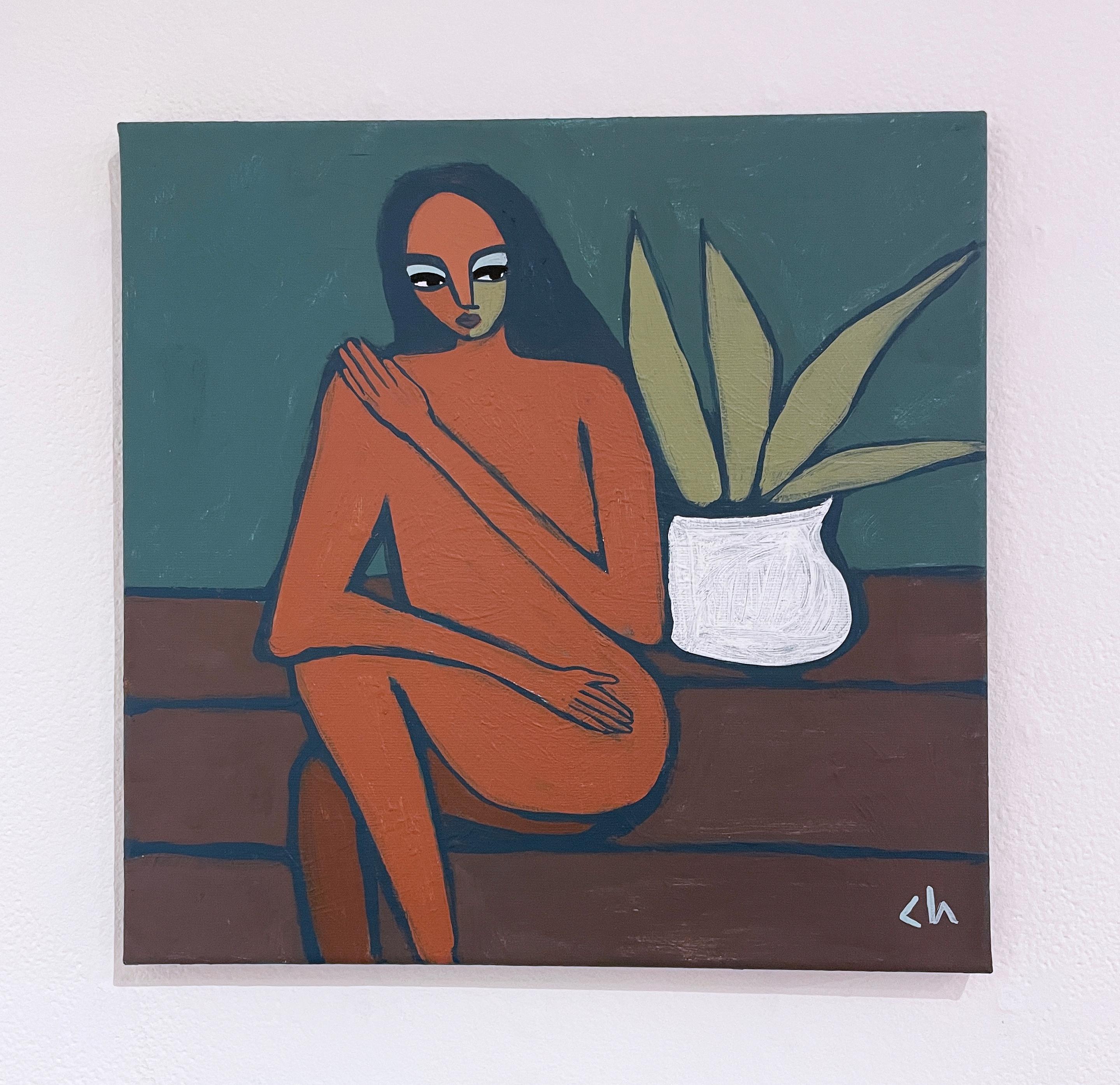 Imperfect (2023) peinture de portrait de nu néo-cubiste, femme, plante, tons terreux - Painting de Cortney Herron