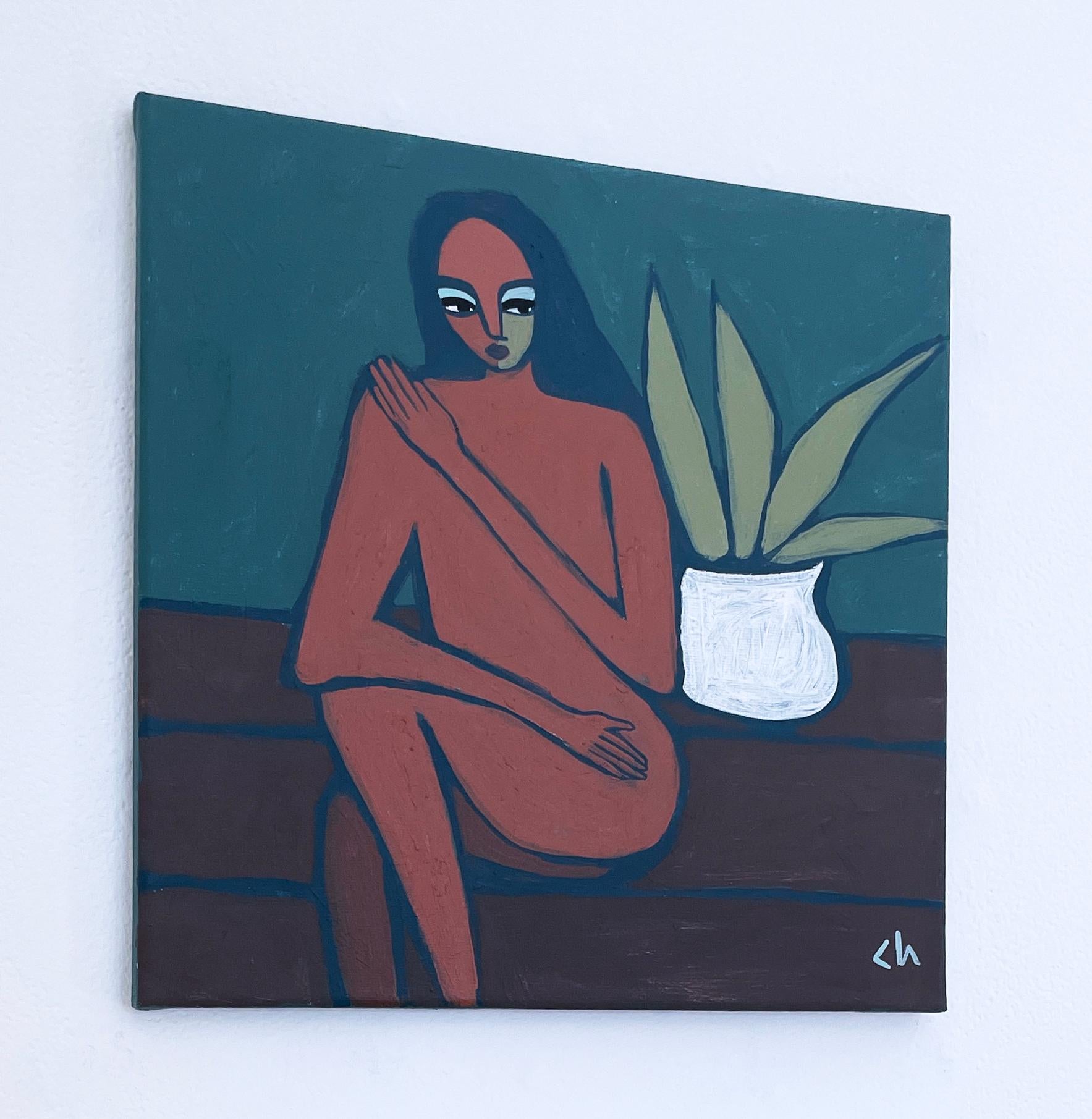 Imperfect (2023) peinture de portrait de nu néo-cubiste, femme, plante, tons terreux - Gris Portrait Painting par Cortney Herron