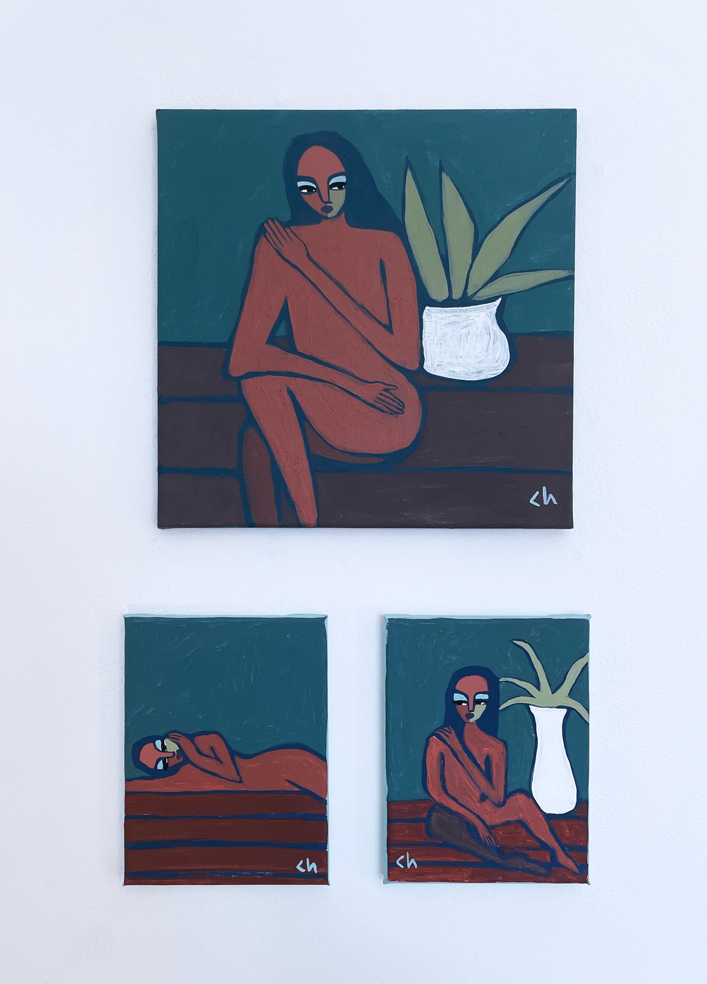 Imperfect (2023) peinture de portrait de nu néo-cubiste, femme, plante, tons terreux 1