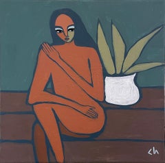 Imperfect (2023) neocubist nude portrait painting, woman, plant, earth tones