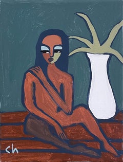 Vulnerability (2023) neocubist nude portrait painting, woman, plant, earth tones