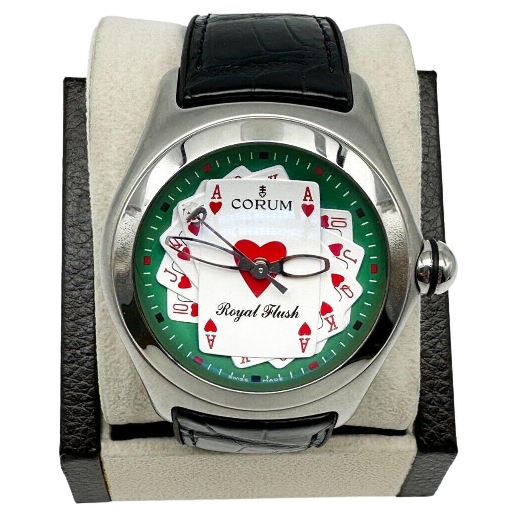 Corum 082.170.20 Bubble Royal Flush Steel Black Leather Box Paper, 2006 For Sale