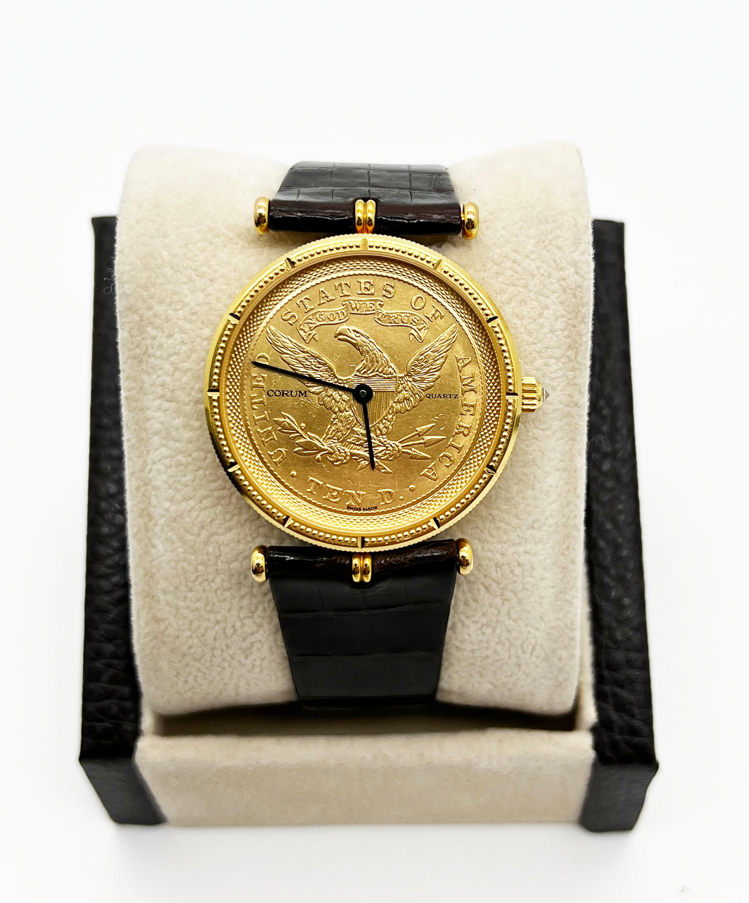 Corum $10 Münzuhr 1893 18K Gelbgold Lederarmband Reisetasche Papier im Zustand „Hervorragend“ im Angebot in San Diego, CA
