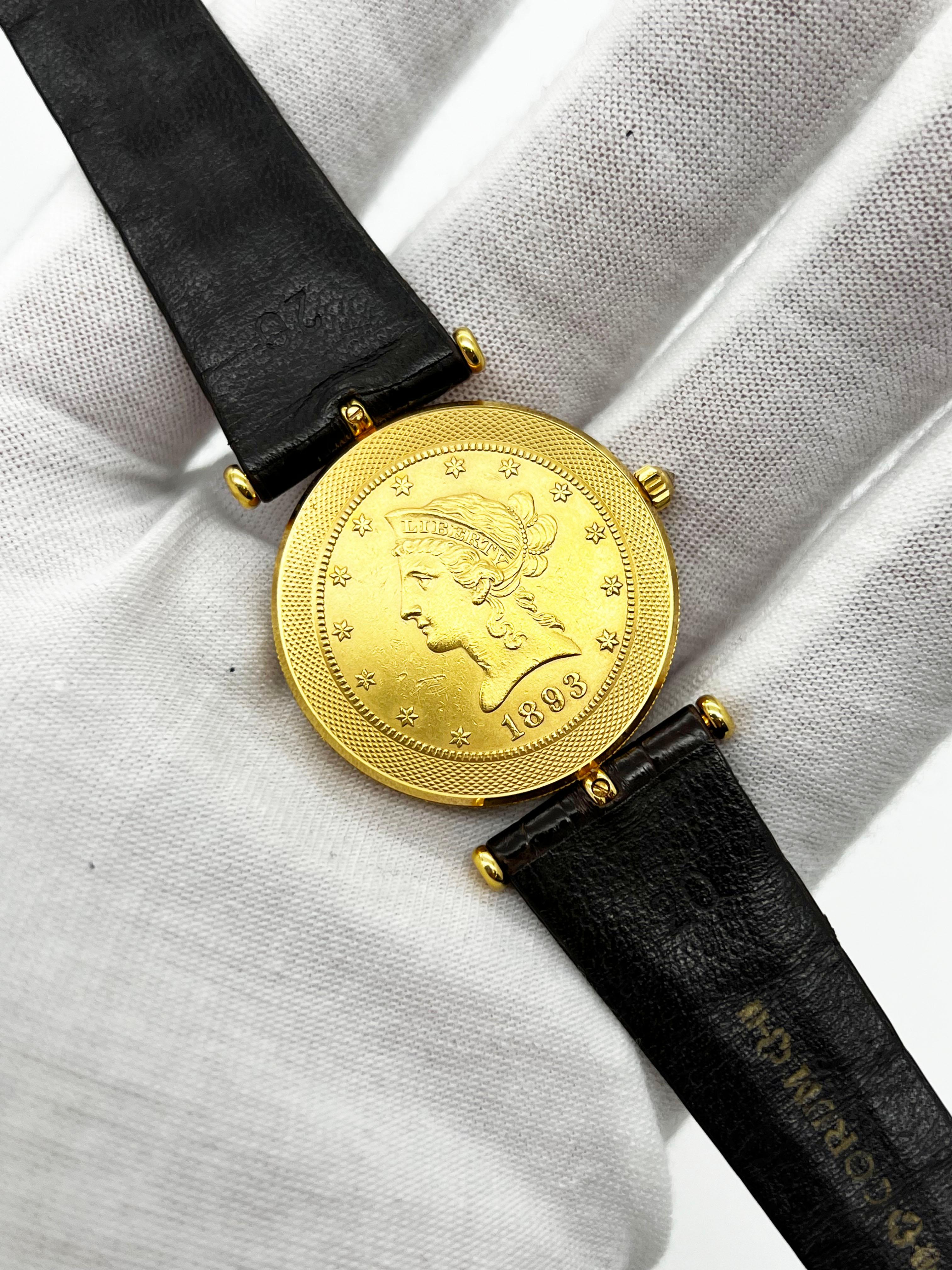 Corum $10 Münzuhr 1893 18K Gelbgold Lederarmband Reisetasche Papier im Angebot 1