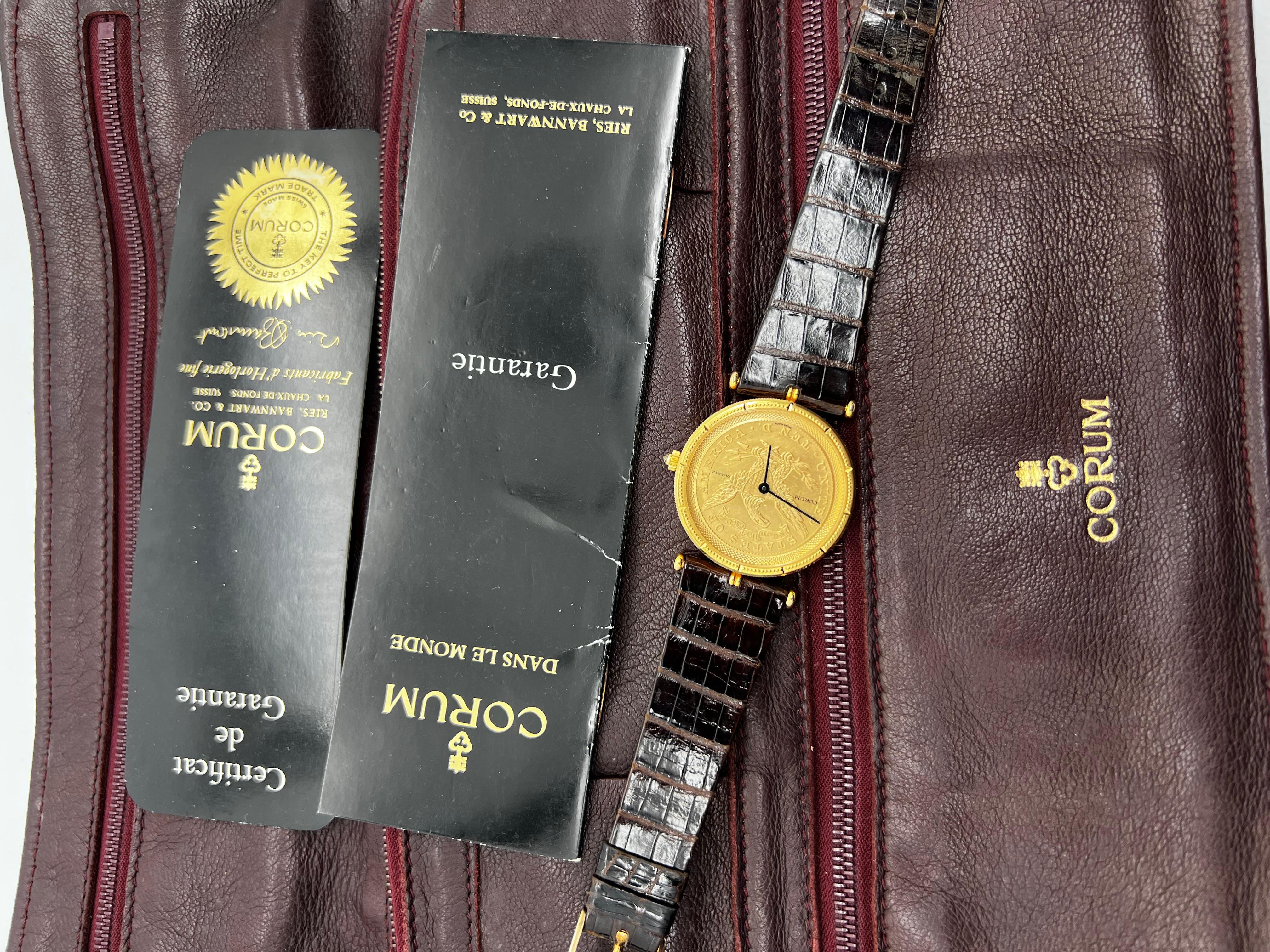 Corum $10 Münzuhr 1893 18K Gelbgold Lederarmband Reisetasche Papier im Angebot 5