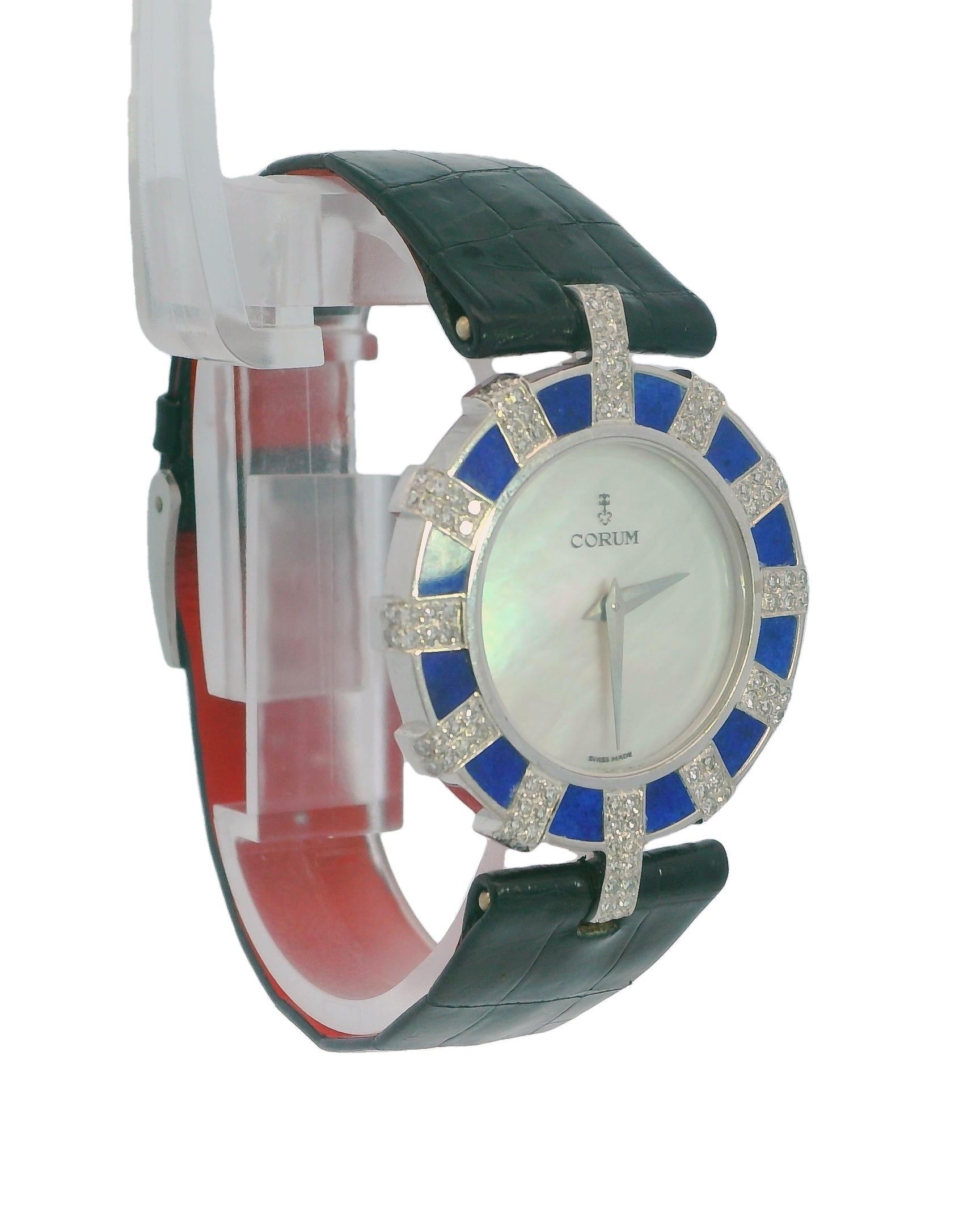 Corum 14710 18K White Gold Lapiz & Diamond Bezel MOP Dial Watch In Excellent Condition For Sale In Great Neck Plaza, NY
