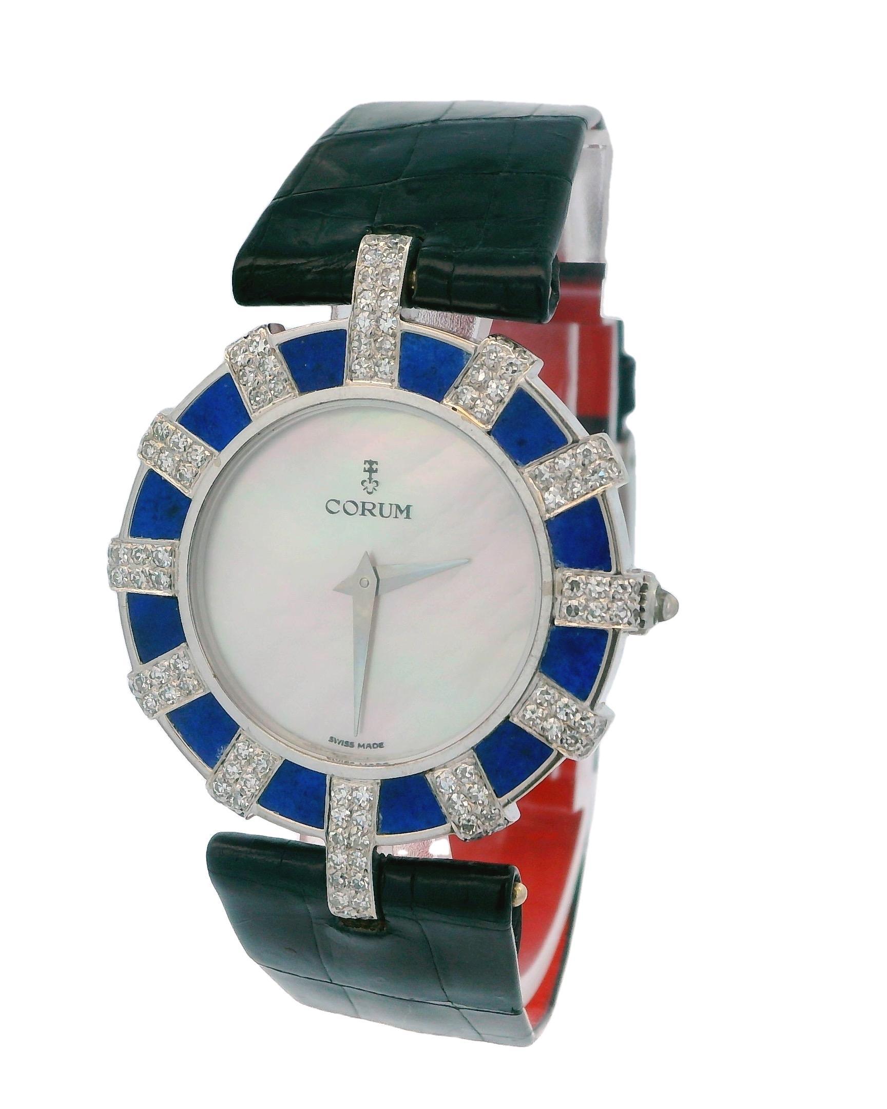Women's Corum 14710 18K White Gold Lapiz & Diamond Bezel MOP Dial Watch For Sale