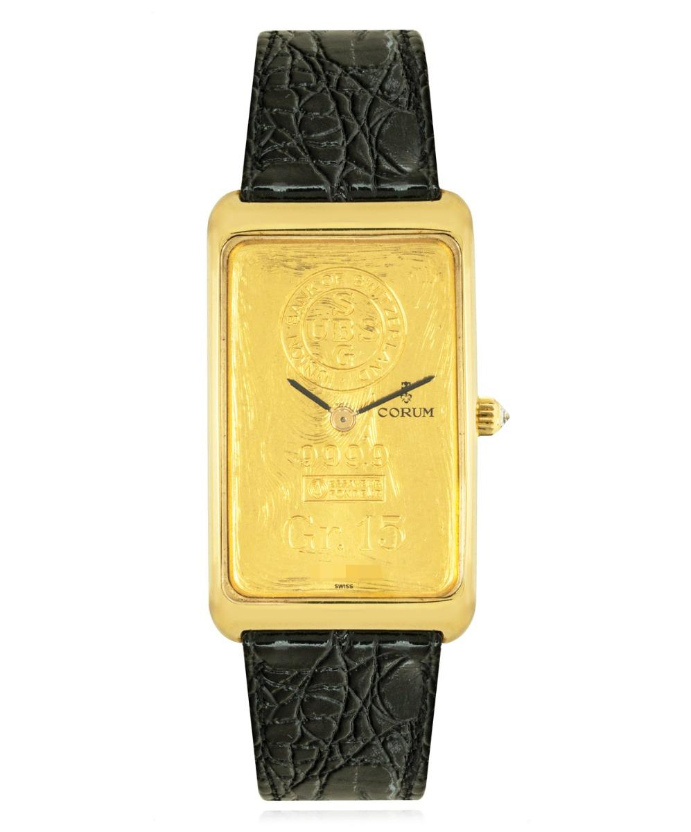 A yellow gold 24mm Corum wristwatch. Featuring a dial made from a yellow gold 15gr 999.9 Union Bank of Switzerland ingot and weighs 47.8g.

The watch is powered by a manual winding movement and is fitted with a sapphire crystal and presented on a