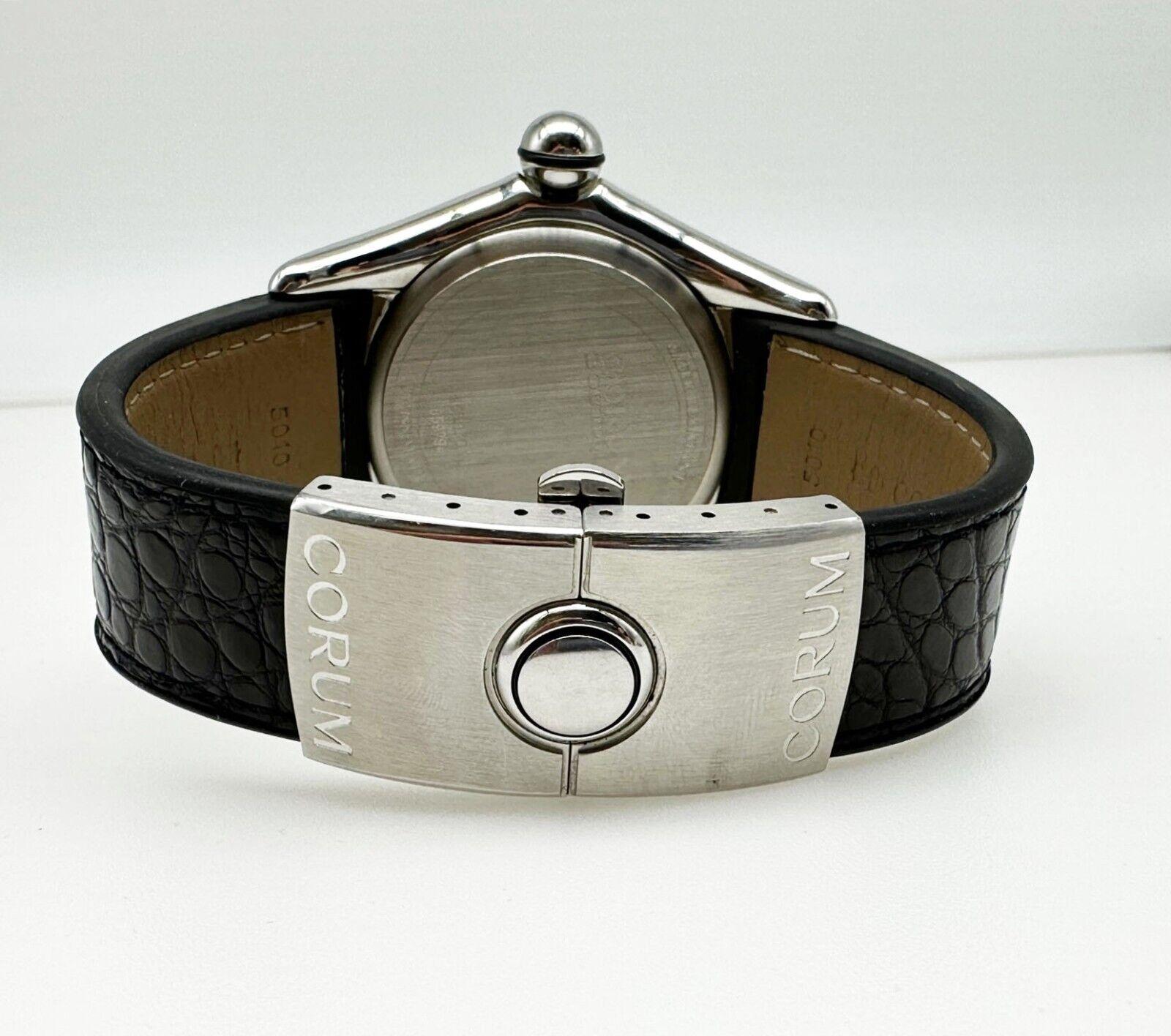 Corum 163.150.20 Bubble Stainless Steel Black Leather Box Paper, 2005 In Excellent Condition For Sale In San Diego, CA