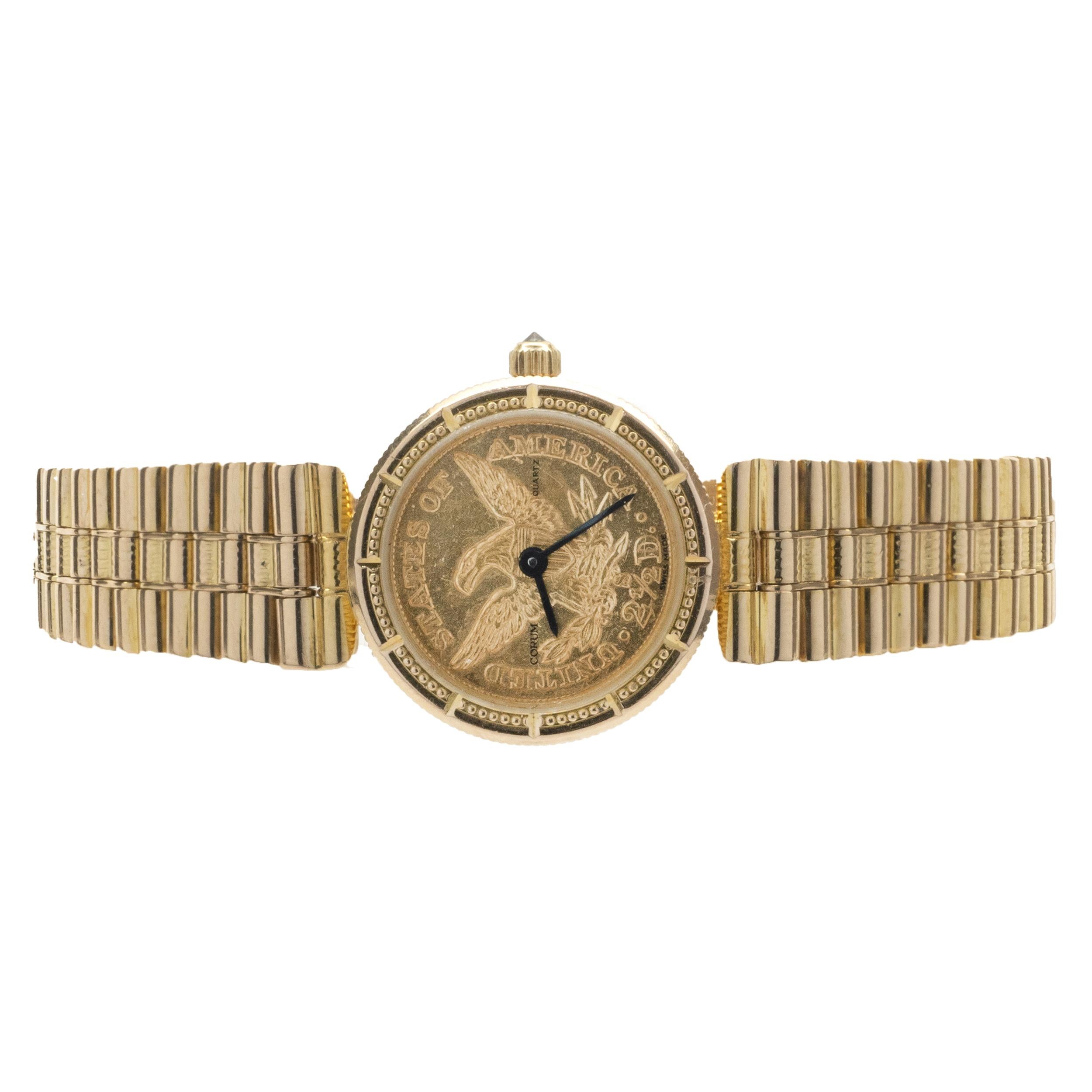 Movement: quartz
Function: hours, minutes
Case: 20mm round 18K yellow gold case, sapphire crystal, push/pull crown
Band: 18K yellow gold bracelet
Dial: 1887 $2.50 Liberty coin
Serial #: 376XXX
Does not come with original box and