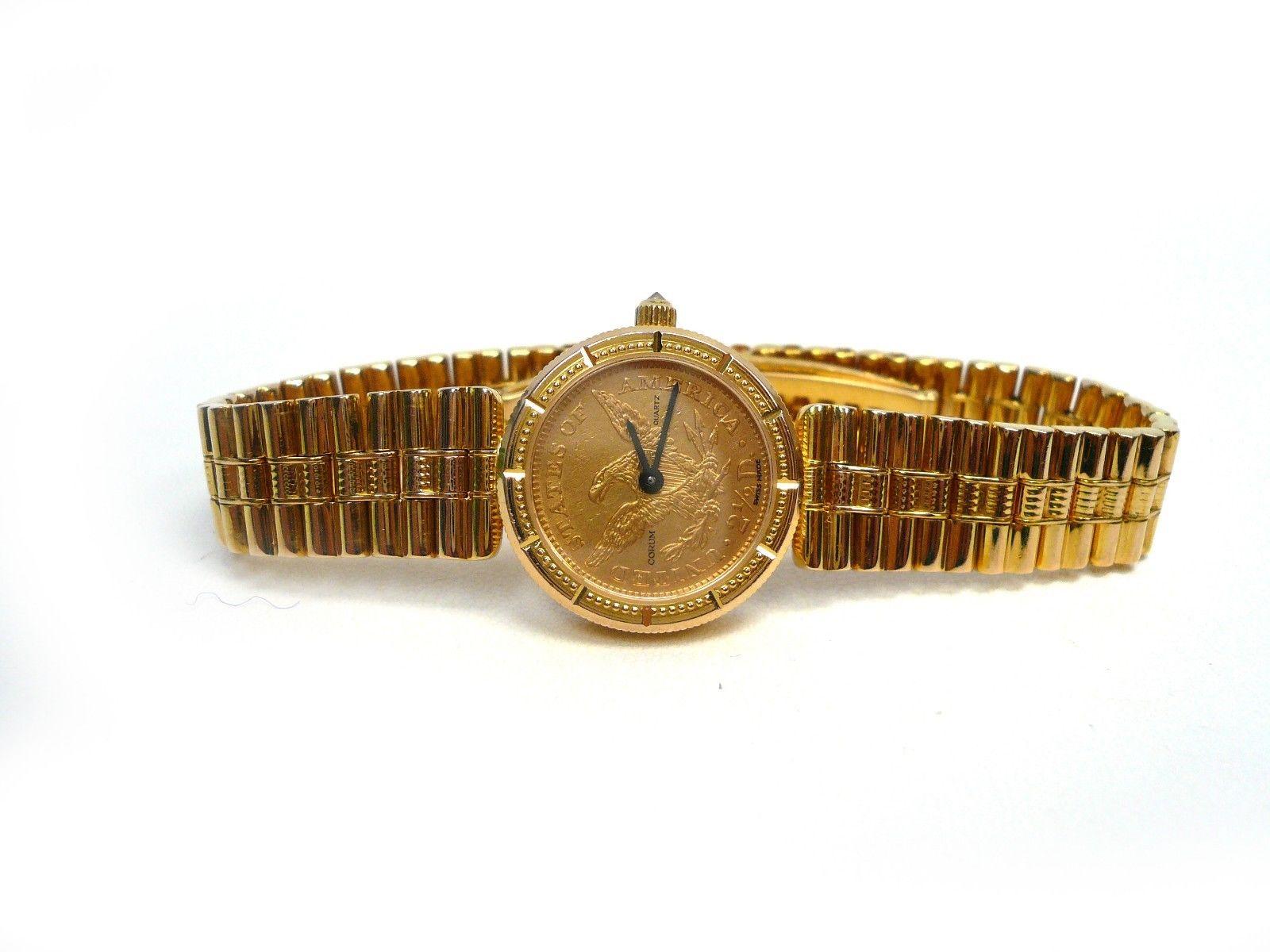 Solid 18k gold Corum Ladies dress watch that features an 1879 genuine gold coin on the dial. This was a special edition by Corum, the authentic gold piece was halved and cushioned in between is an ultra thin quartz movement, which is accurate to