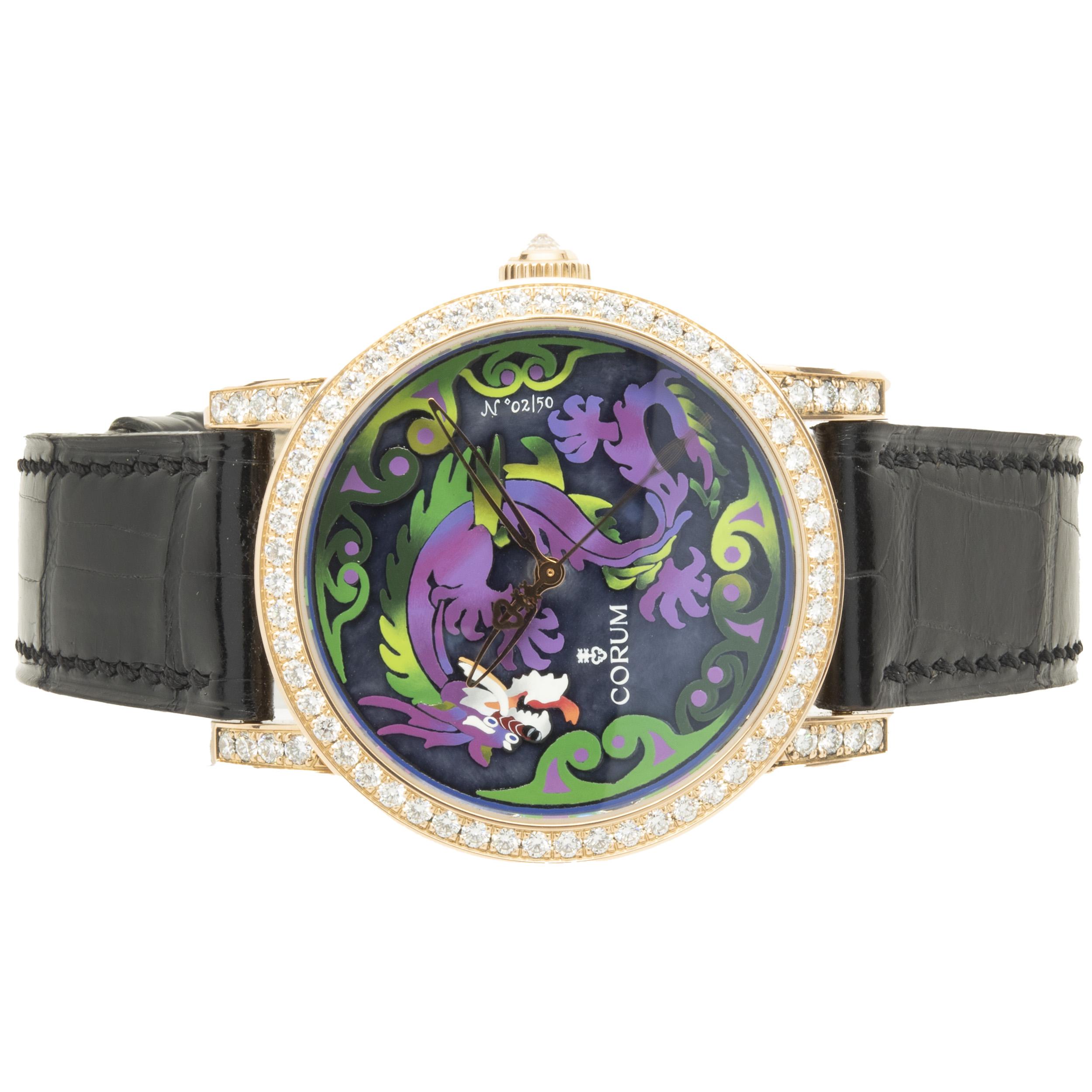 Movement: automatic
Function: hours, minutes, seconds
Case: 42mm 18K yellow gold round case, sapphire crystal, push/pull crown
Band: black leather, integrated clasp
Dial: purple dragon “artisan” dial
Serial #: 1399XXX
Reference #: 982.202.85

No box