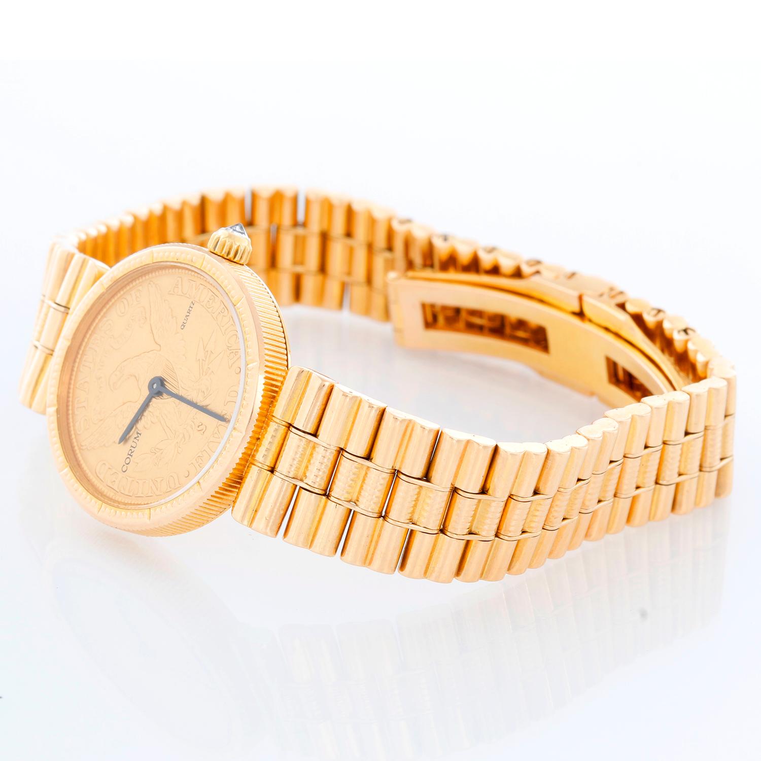Corum $5 18k Yellow Gold Coin Ladies Watch - Quartz . 18k yellow gold coin (23 mm). 18k yellow gold coin dated 1886. 18k yellow gold Corum bracelet ; Will fit up to a 6 1/4 inch wrist . Pre-owned with custom box .