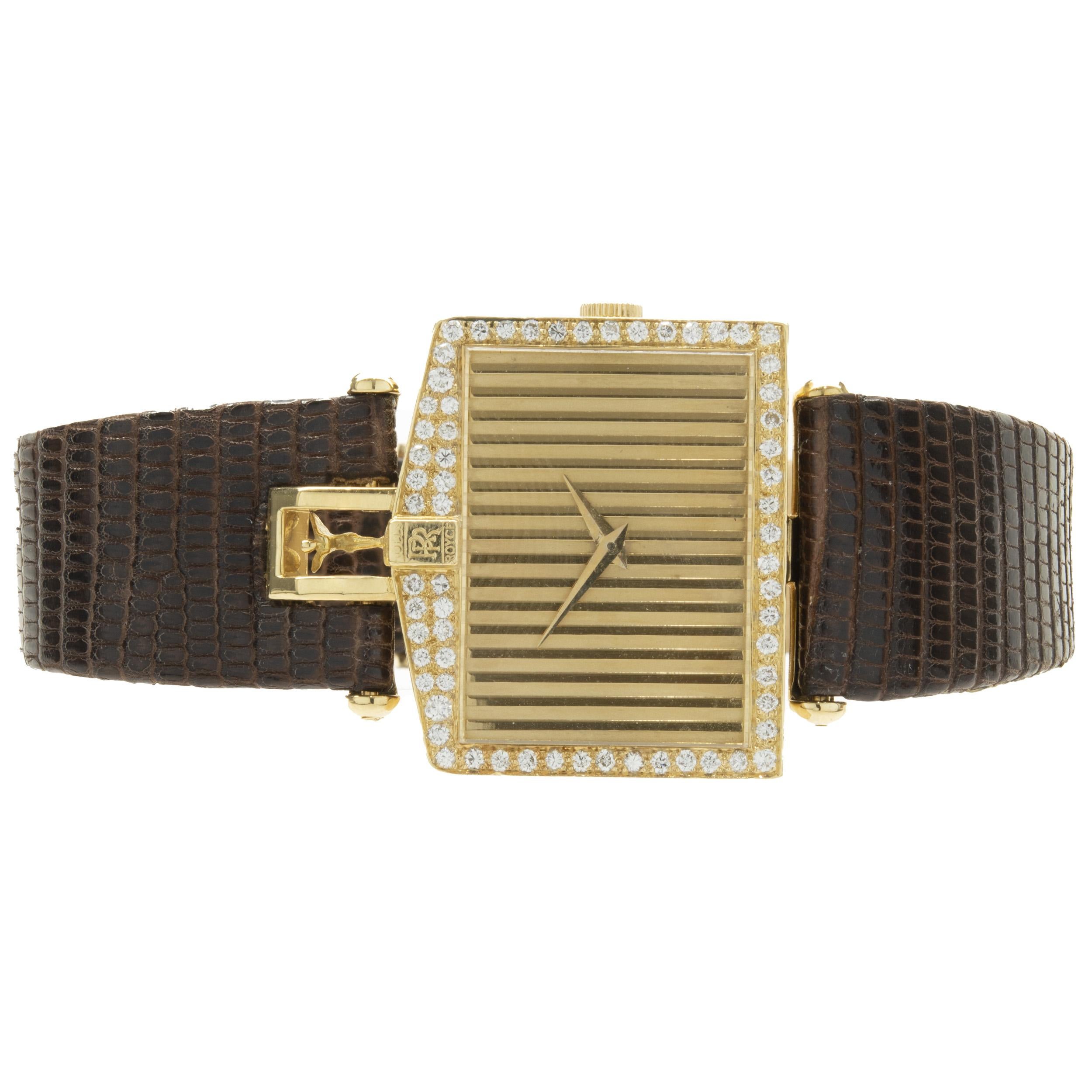 Movement: manual
Function: hours, minutes
Case: 33 x 29mm 18K yellow gold rectangular case, sapphire crystal, push/pull crown, diamond bezel
Band: brown lizard strap, Corum buckle
Dial: champagne “Rolls-Royce” grill dial
Serial #: 327XXX
Reference