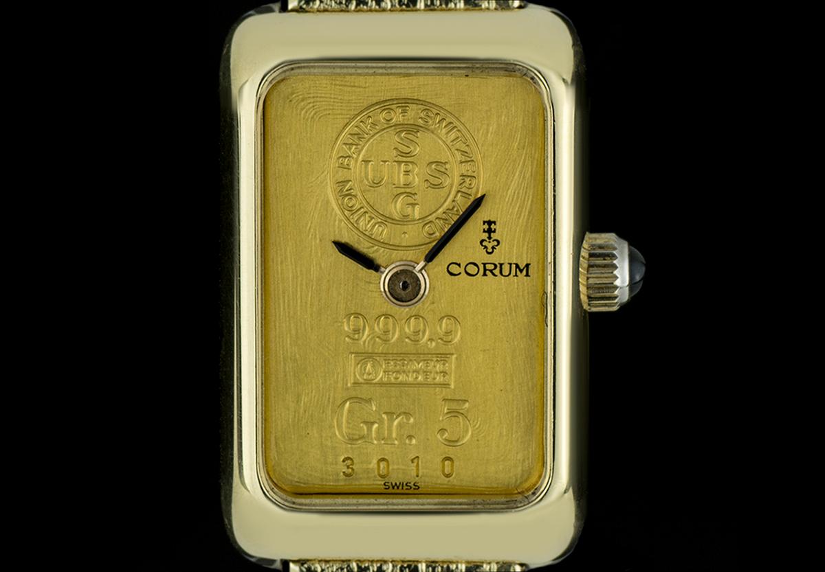 An 18k Yellow Gold Ingot Ladies 11.5 mm Wristwatch, dial made from am 18k yellow gold 5gr 999.9 Union Bank of Switzerland ingot, an original 18k yellow gold integrated bracelet with an 18k yellow gold jewellery style clasp, sapphire glass, quartz