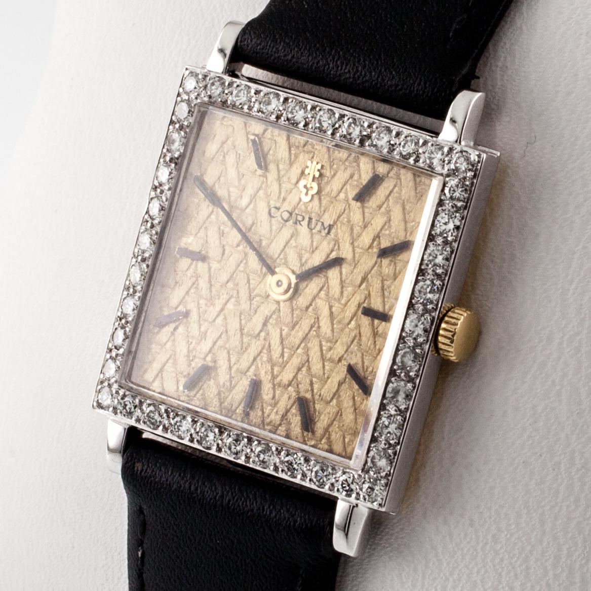 Round Cut Corum 18k Yellow Gold Diamond Hand-Winding Watch with Leather Band