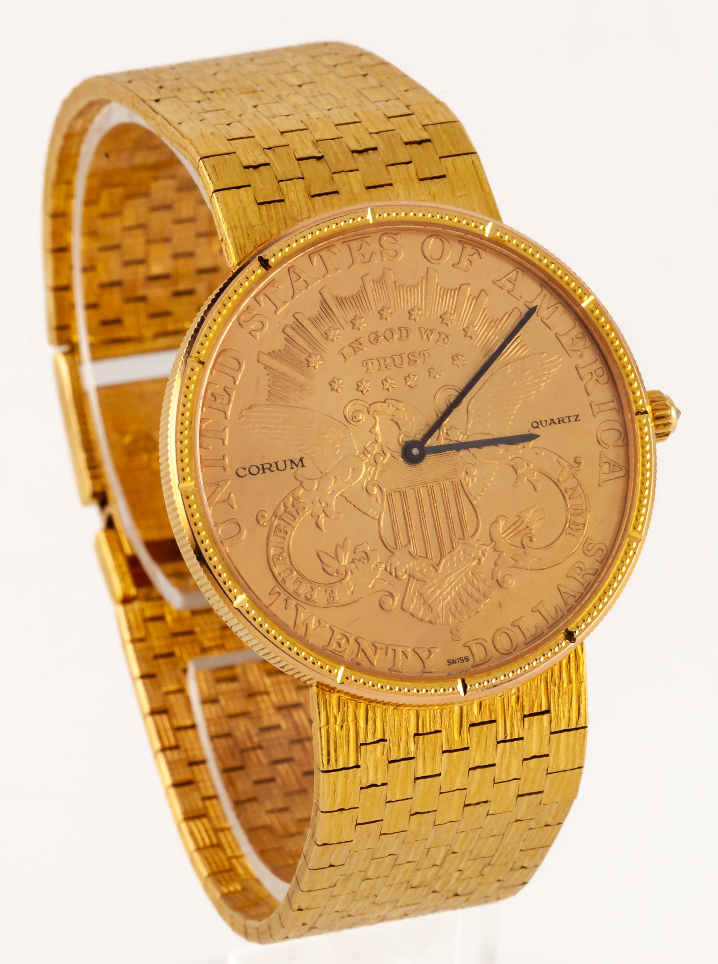 Corum 18k Yellow Gold Double Eagle Quartz Watch w/ Original Band

Reference #364614
Movement #959001

18k Yellow Gold Round Case
Includes Diamond Culet Crown
35 mm in Diameter
5 mm Thick

Corum $20 Gold Eagle Dial
Includes Black Hands (M + H)
32 mm