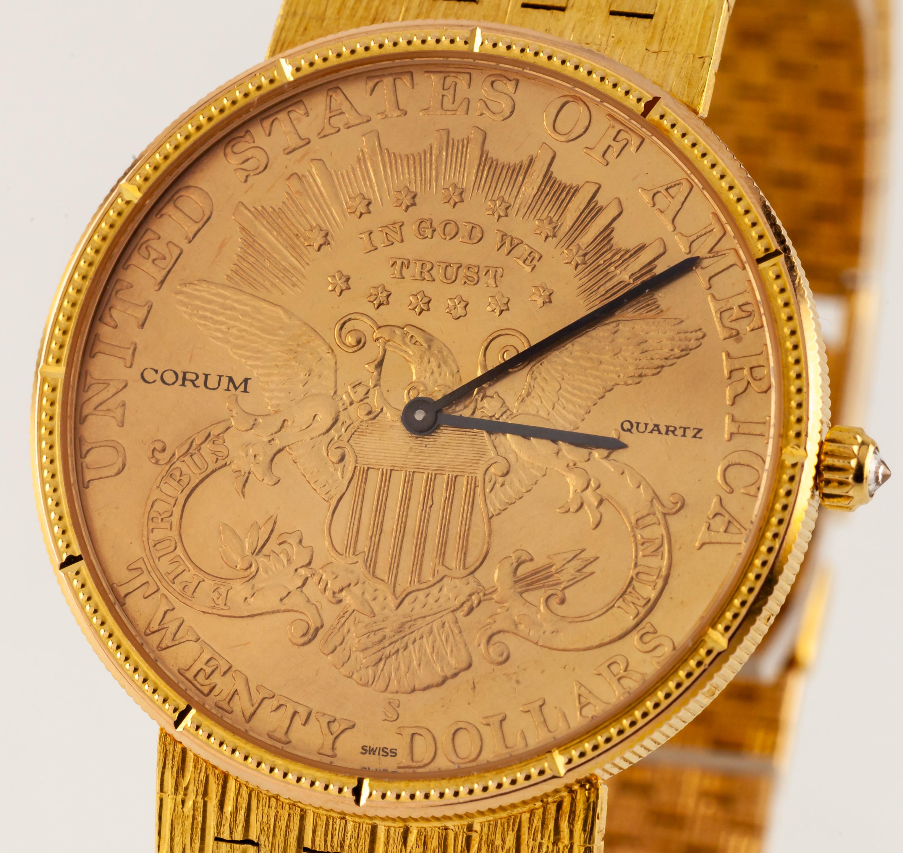 Modern Corum 18k Yellow Gold Double Eagle Quartz Watch w/ Original Band For Sale