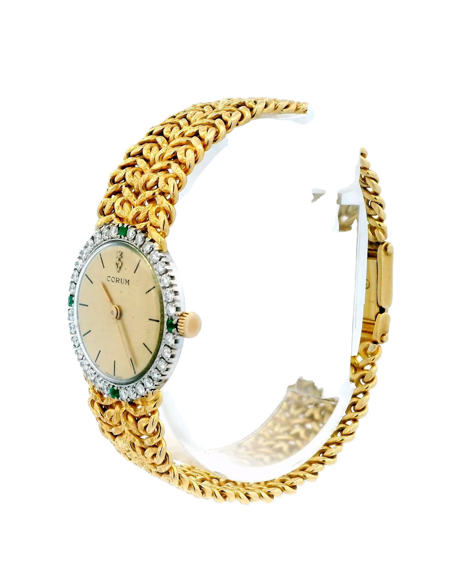 Round Cut Corum 18K Yellow Gold & Emerald Bezel Mech-Mesh Bracelet