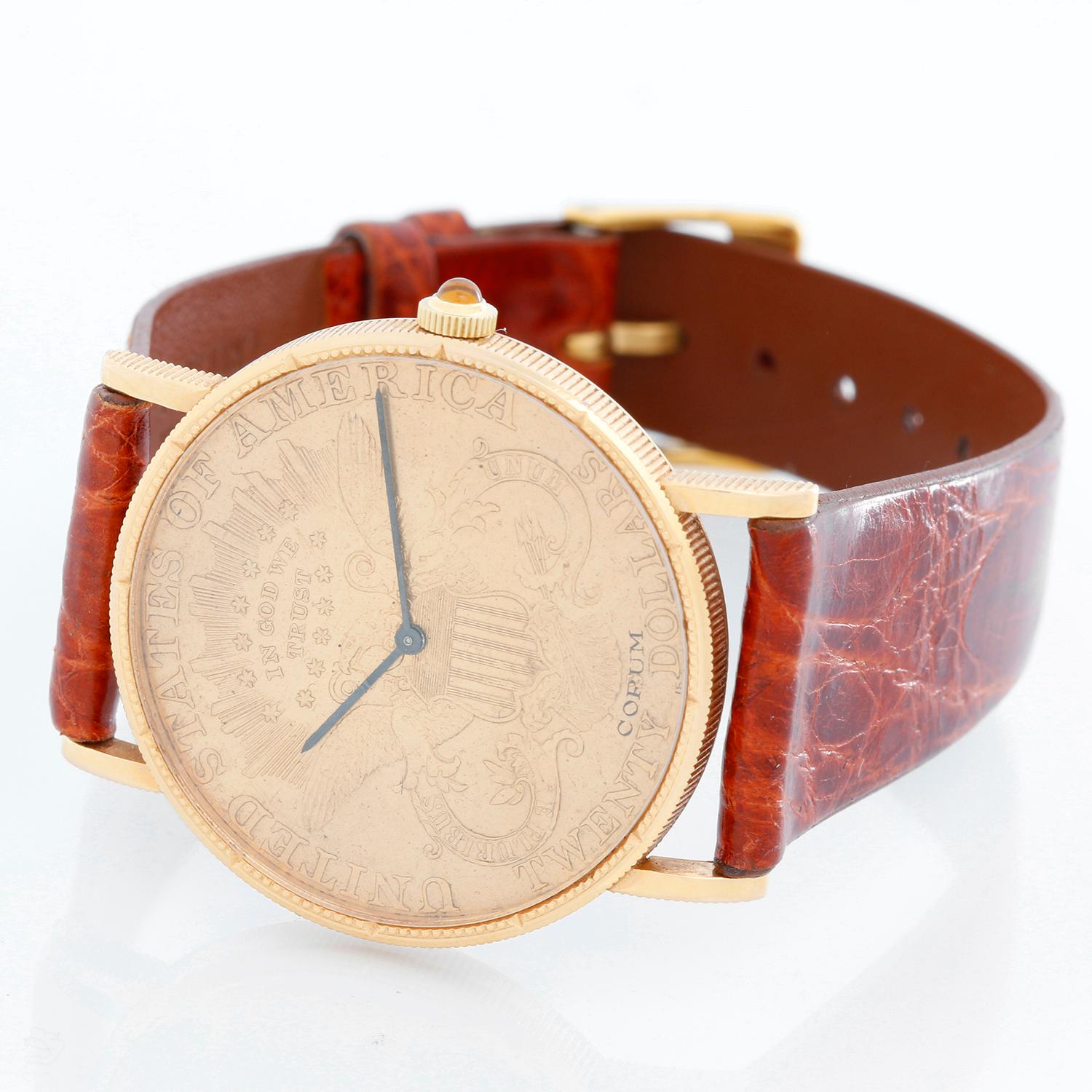Corum $20 1880 Liberty Double Eagle Gold Coin Men's Quartz Watch - Quartz. 18k yellow gold case with Liberty Double Eagle U.S. Twenty Dollar 1880 Liberty Coin ( 35 mm ) . 1880 U.S. $20 Liberty Double Eagle 22k Gold Coin. Brown croc strap with tang