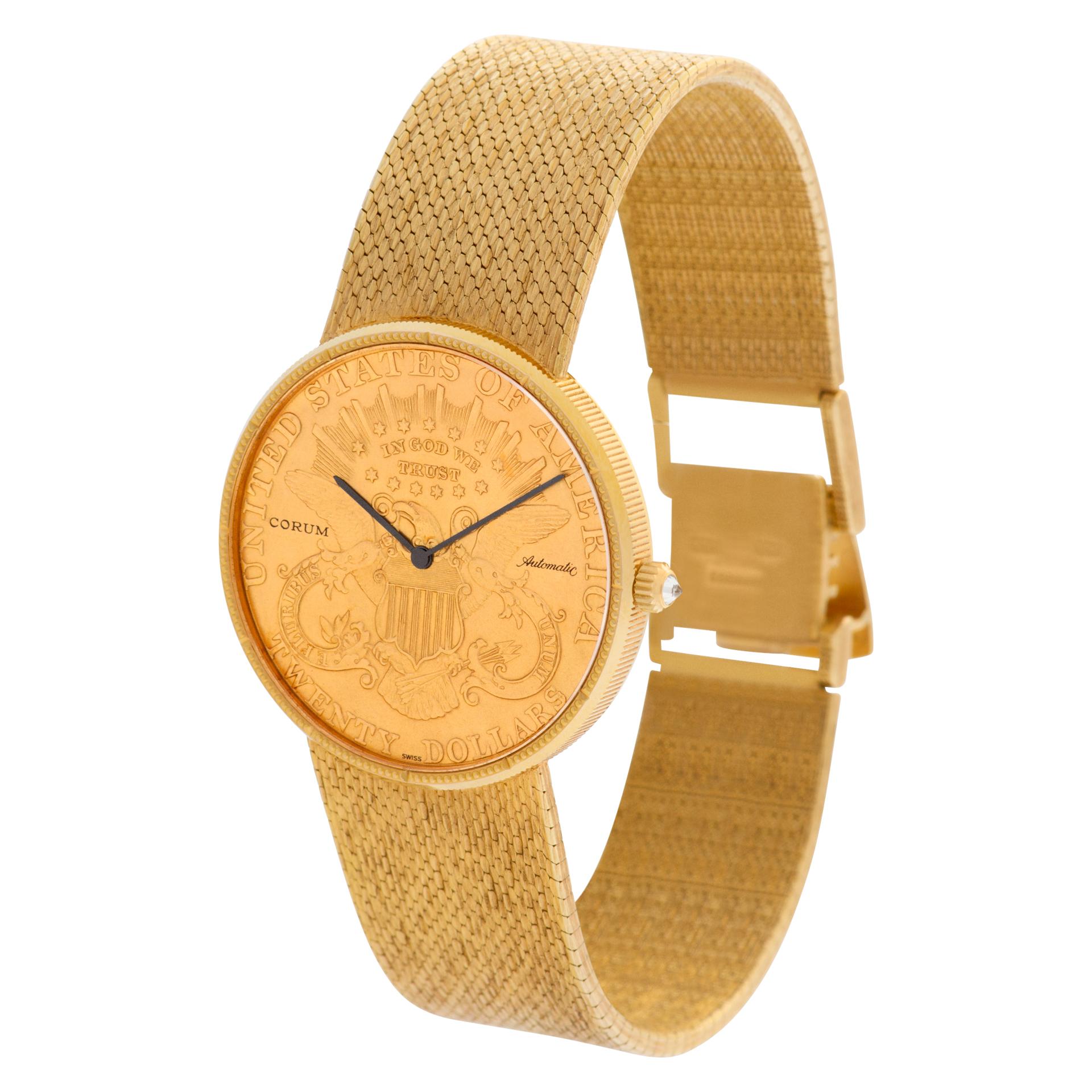 Corum $20 Gold Coin watch Double Eagle (1907) in 18k yellow gold on 18k yellow gold mesh band . Automatic movement. Diamond crown. 35 mm case size. Fits 7.75 inches. With box. Ref 333137. Fine Pre-owned Corum Watch.

 Certified preowned Classic