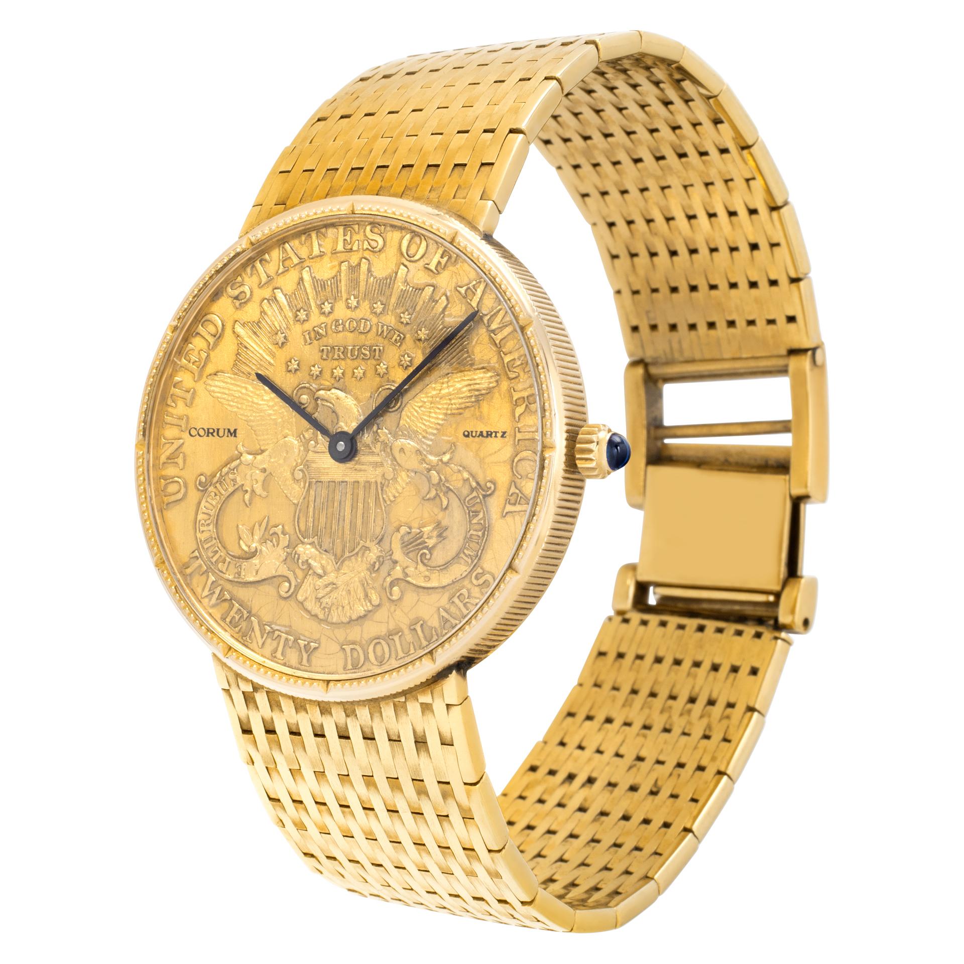 Corum $20 gold coin on a heavy custom Italian mesh bracelet. Quartz. 35 mm case size. Ref 1906. Will fit up to a 6.5