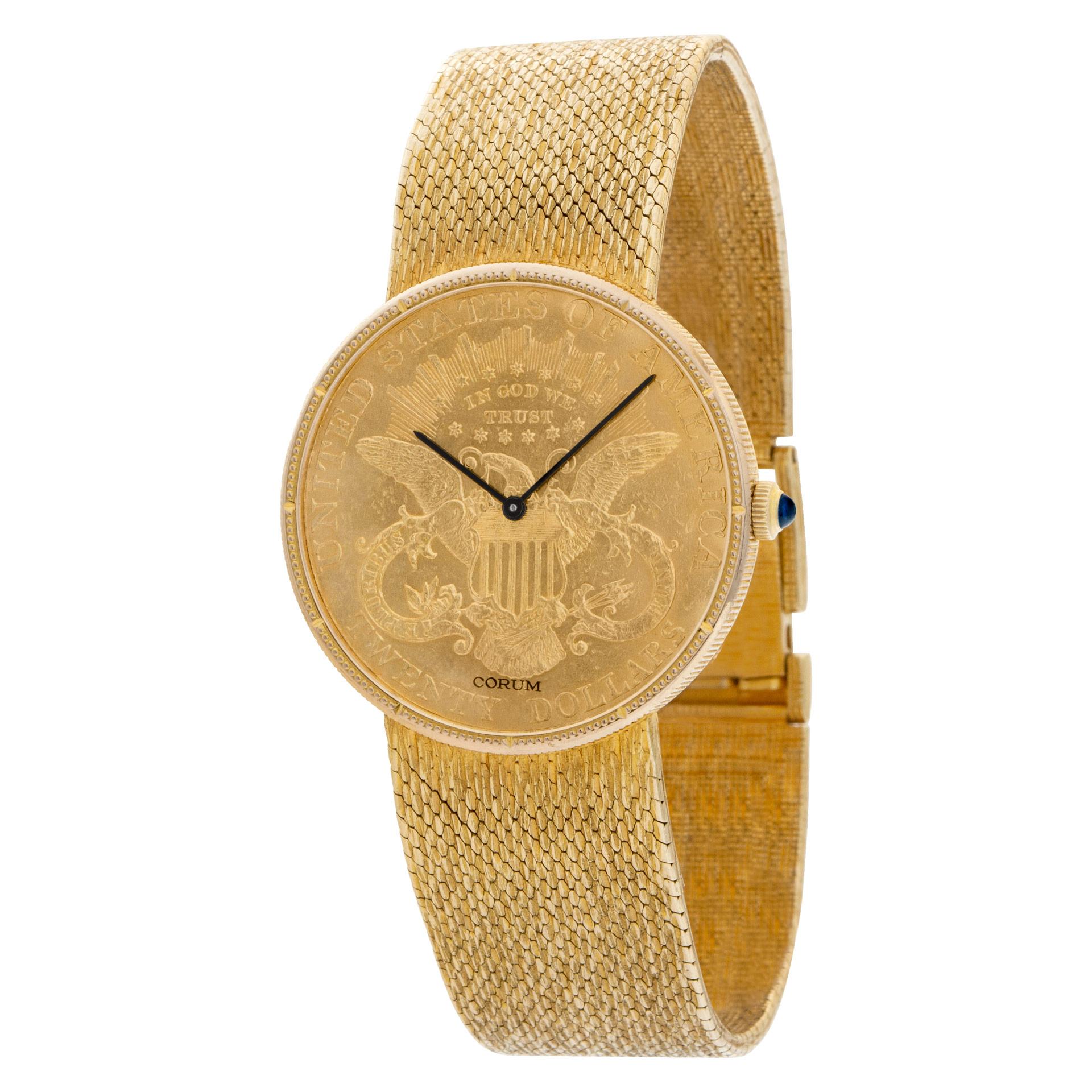 Corum $20 gold coin in 18k yellow gold with 7.5'' mesh 18k bracelet. Quartz. 35 mm case size. Ref 8890. Circa 1980s. Fine Pre-owned Corum Watch.  Certified preowned Classic Corum $20 Coin 8890 watch is made out of yellow gold on a 18k bracelet with