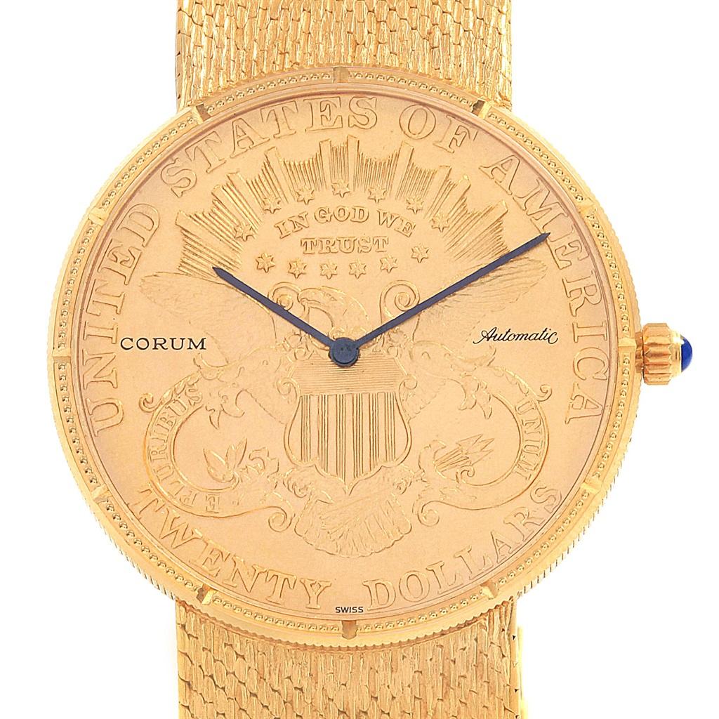 Corum 20 Dollars Double Eagle Yellow Gold Coin Year 1895 Automatic Watch. Automatic self-winding movement. 18k yellow gold case with 22k coin 36 mm in diameter. Coin edge. Circular grained crown set with blue saphire cabochon. Mineral crystal. 22K