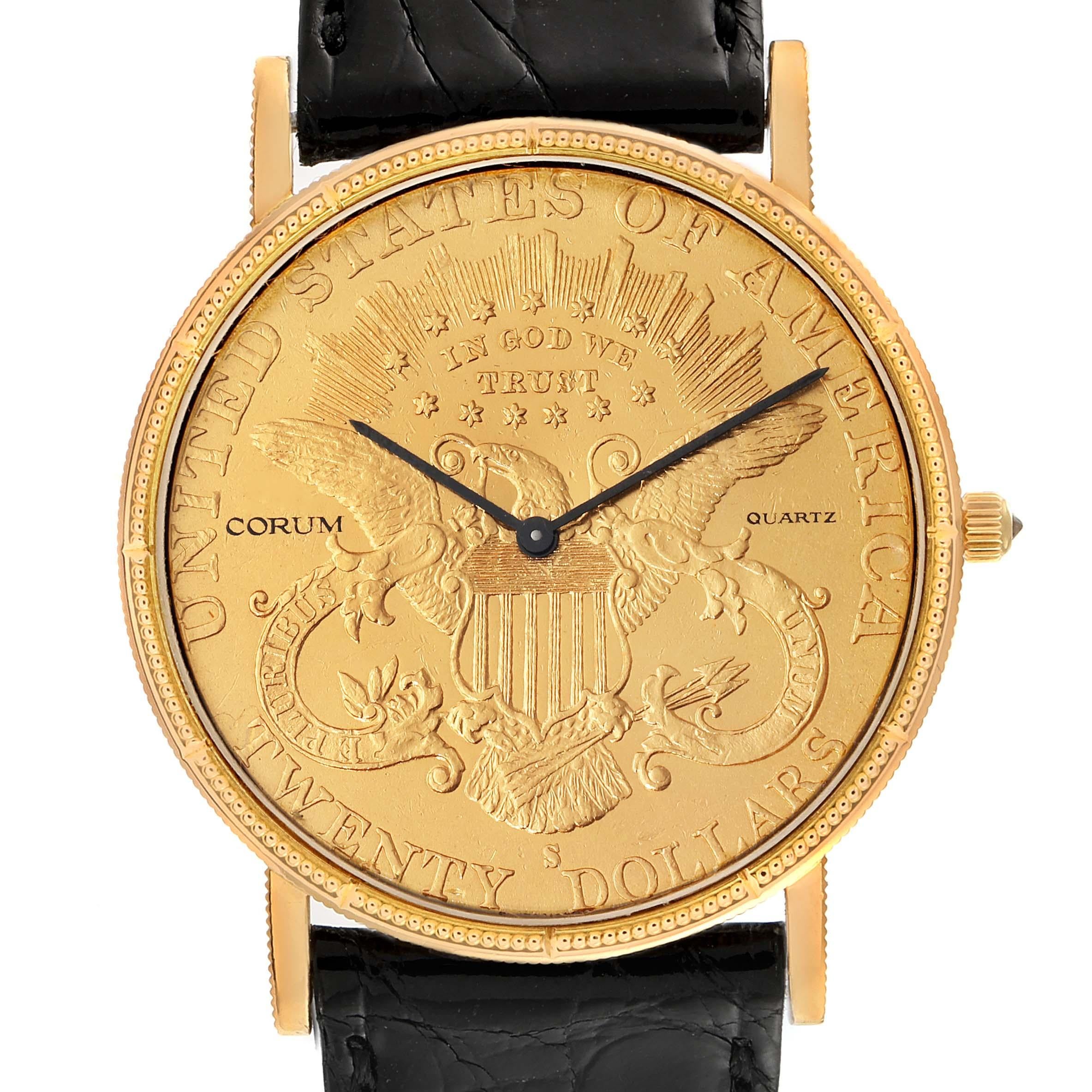 Corum 20 Dollars Double Eagle Yellow Gold Coin Year 1900. Quartz movement. 18k yellow gold case with 22k coin 36 mm in diameter. Coin edge. Circular grained crown set with diamond. . Mineral glass crystal. 22K coin. Black baton hands. Custom black