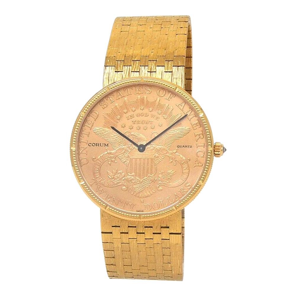 Corum $20 Gold Coin 18 Karat Yellow Gold Men's Watch Quartz 5514556/H66 For Sale