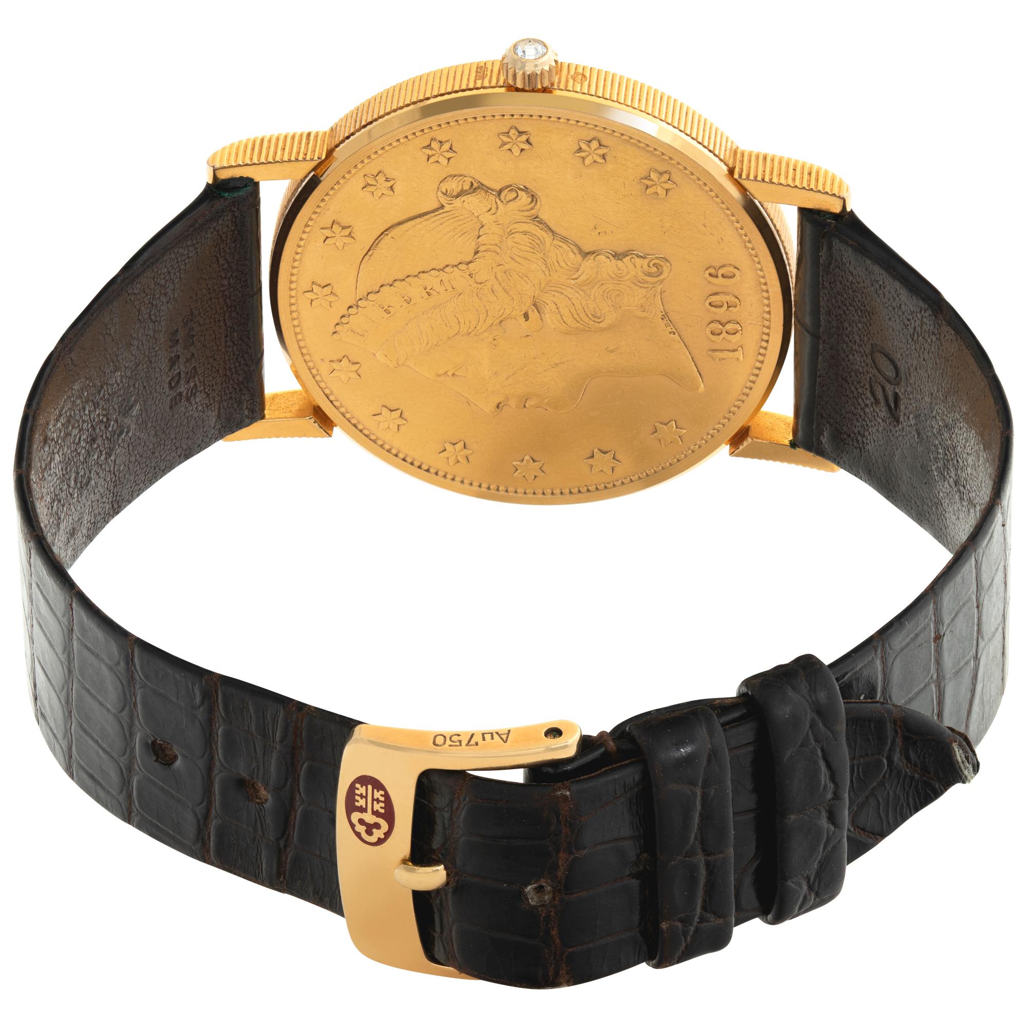Women's or Men's Corum $20 gold piece 18k yellow gold Quartz Wristwatch Ref 1896 For Sale