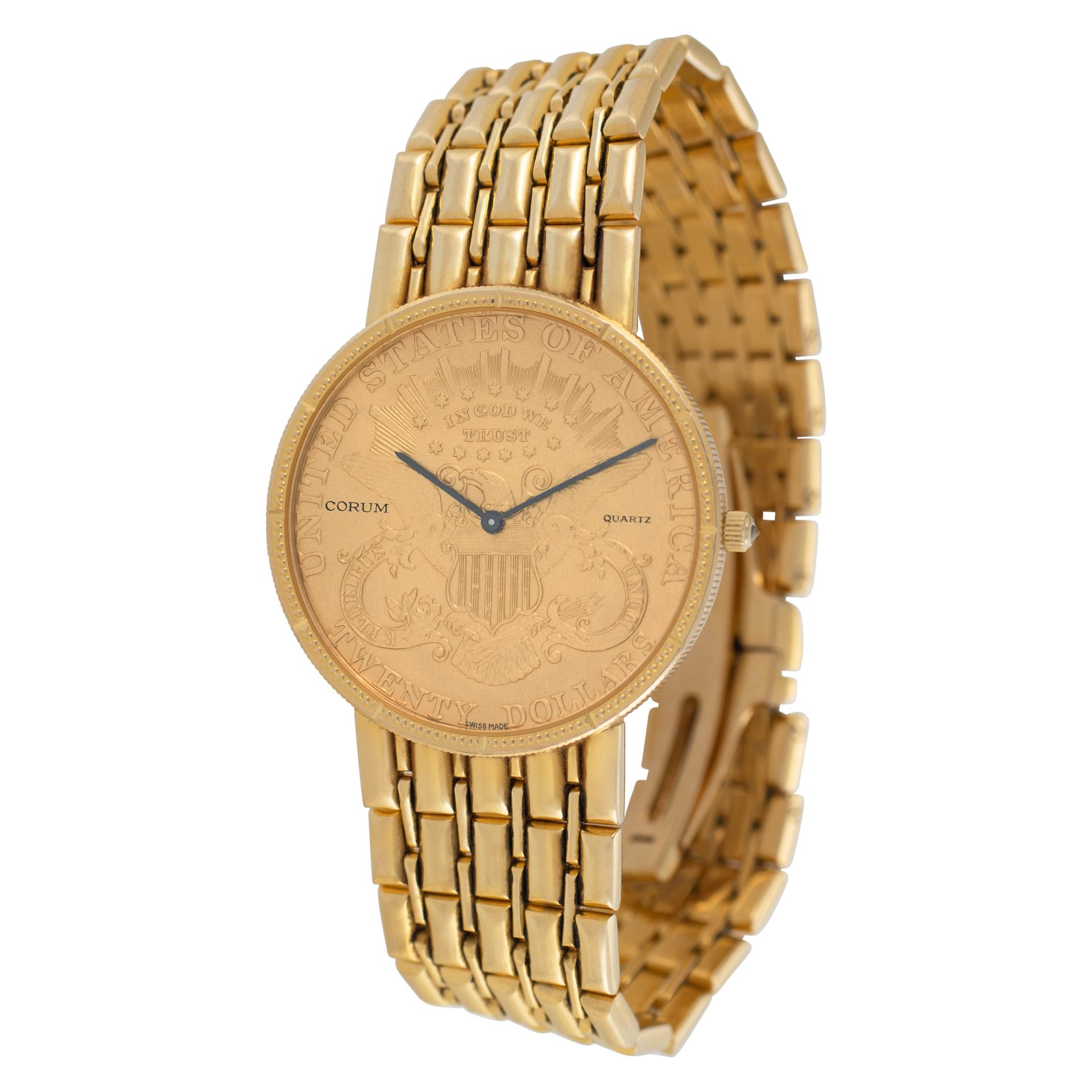Corum $20 gold piece in 18k yellow gold on an 18k gold link bracelet with a hidden clasp. Quartz. 35 mm case size, fits up tp 7.25'' wrist. Fine Pre-owned Corum Watch. Certified preowned Classic Corum $20 gold piece watch is made out of yellow gold